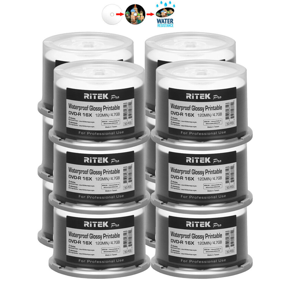 600 Ritek Pro DVD-R 16X 4.7GB Water Resistant Glossy White Inkjet Printable Disc