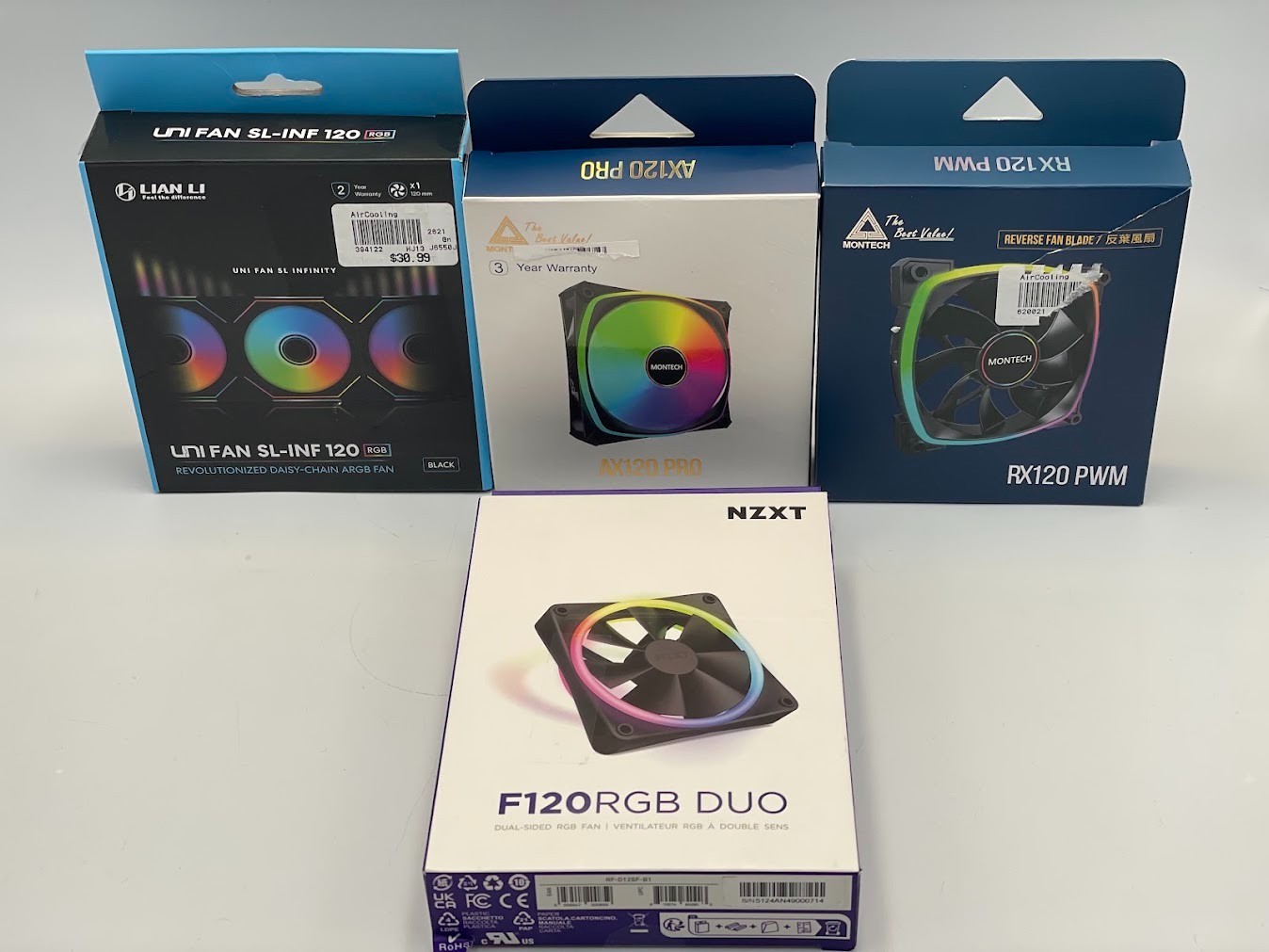 Lot of 4 fans: Montech AX120 PRO, RX120 , Lian Li UNI Fan SL Infinity, NZXT F120