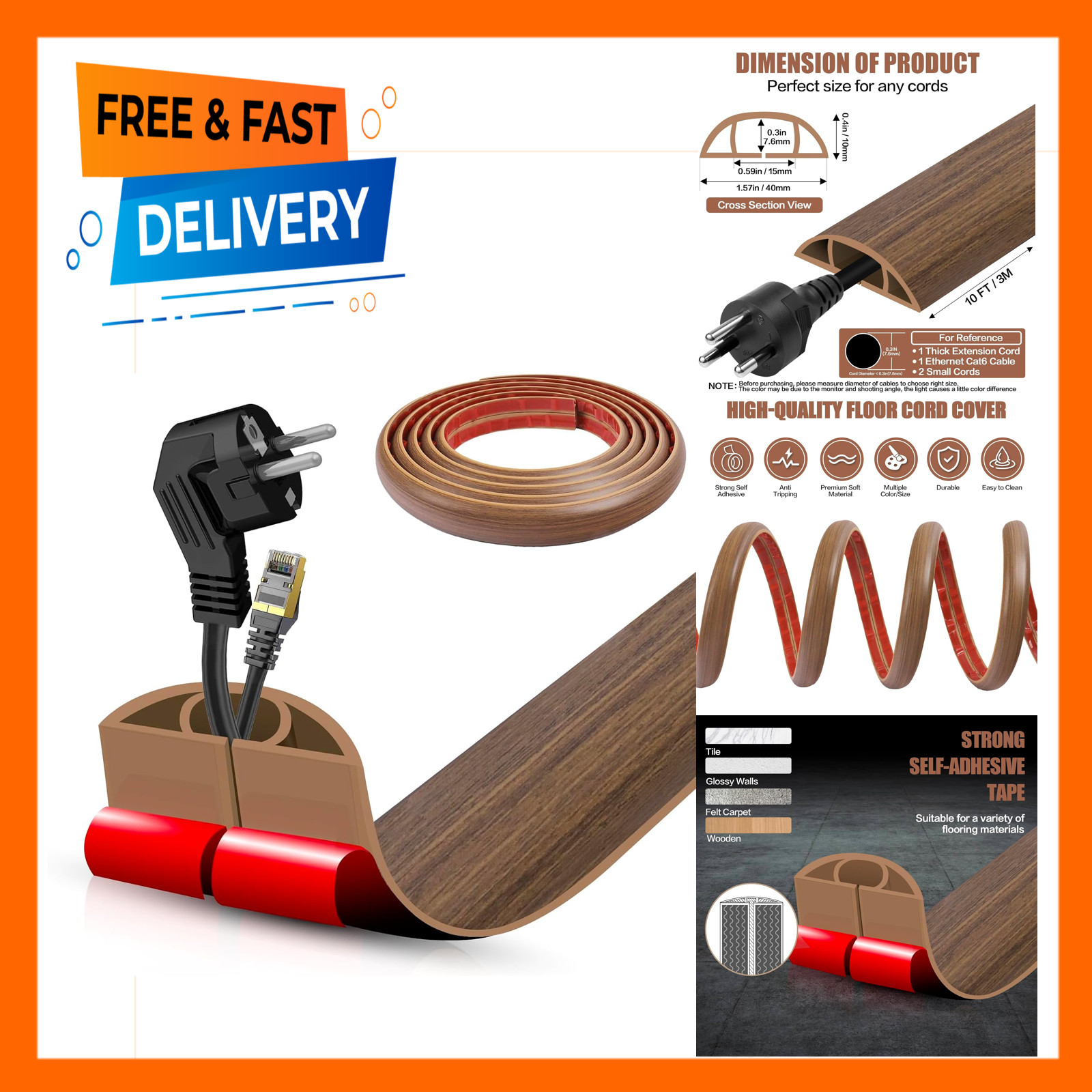 Floor Cord Cover Cable Management 10FT Misty Brown Wood Self Adhesive Floor