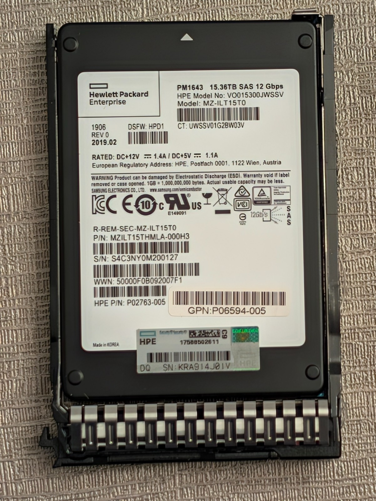 Genuine HP 15.36TB HPE Samsung PM1643 SAS SSD 12Gbps P02763-005 P06592-B21 99%+