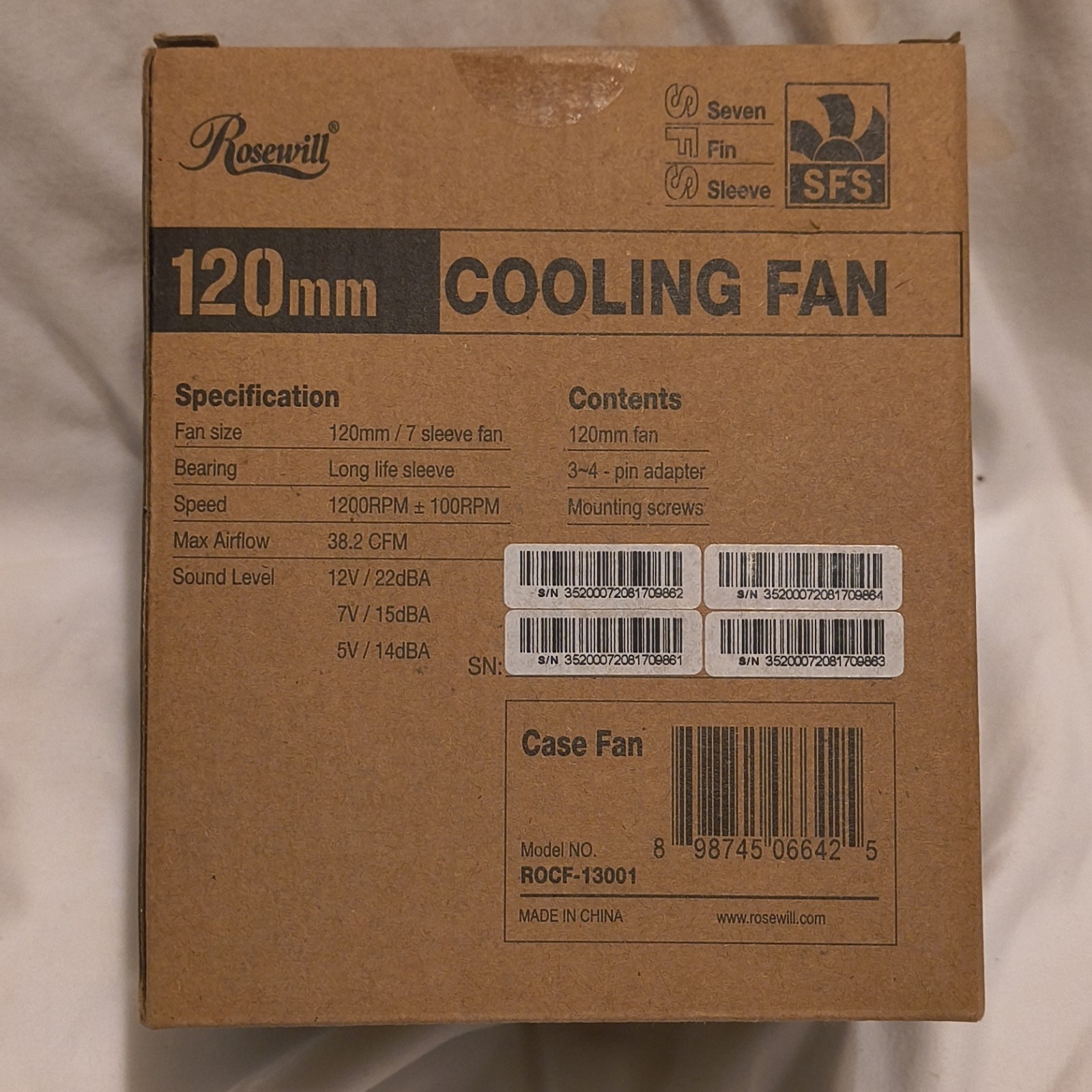 Rosewill 120mm Case Fan SFS Series ROCF-13001 Sleeve Bearing 38.2CFM 1200RPM 12V