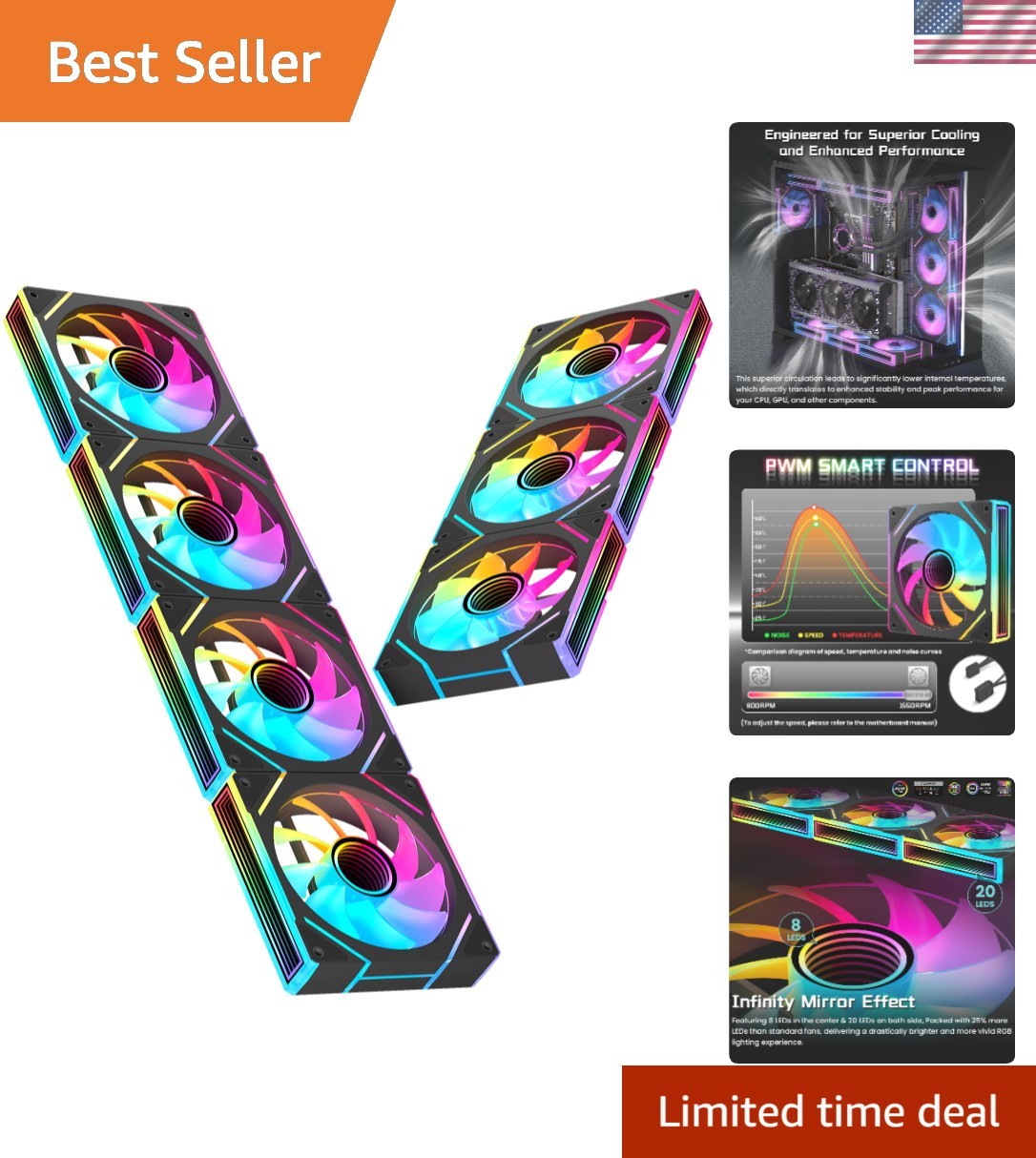 Upgrade Your PC: 7-Pack RGB Fans with 1550 RPM Speed & Intelligent Control