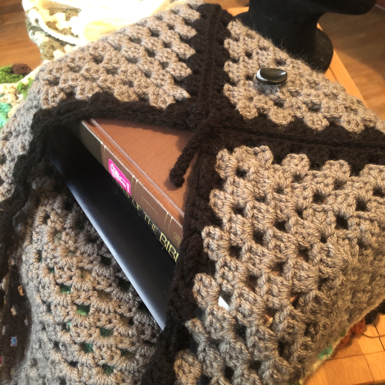 Handmade Crochet Laptop Sleeve Bag Cover Multicolor Lined Button Closure 14”x11”