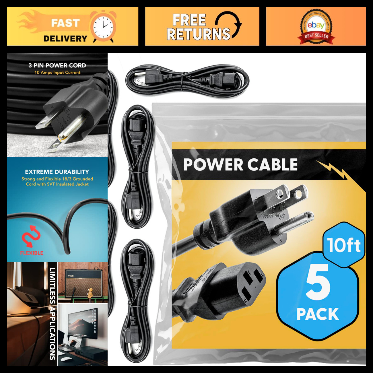 10ft Universal Power Cord (5 Pack) - IEC C13 to NEMA 5-15P, 18AWG, 10A, 125V for