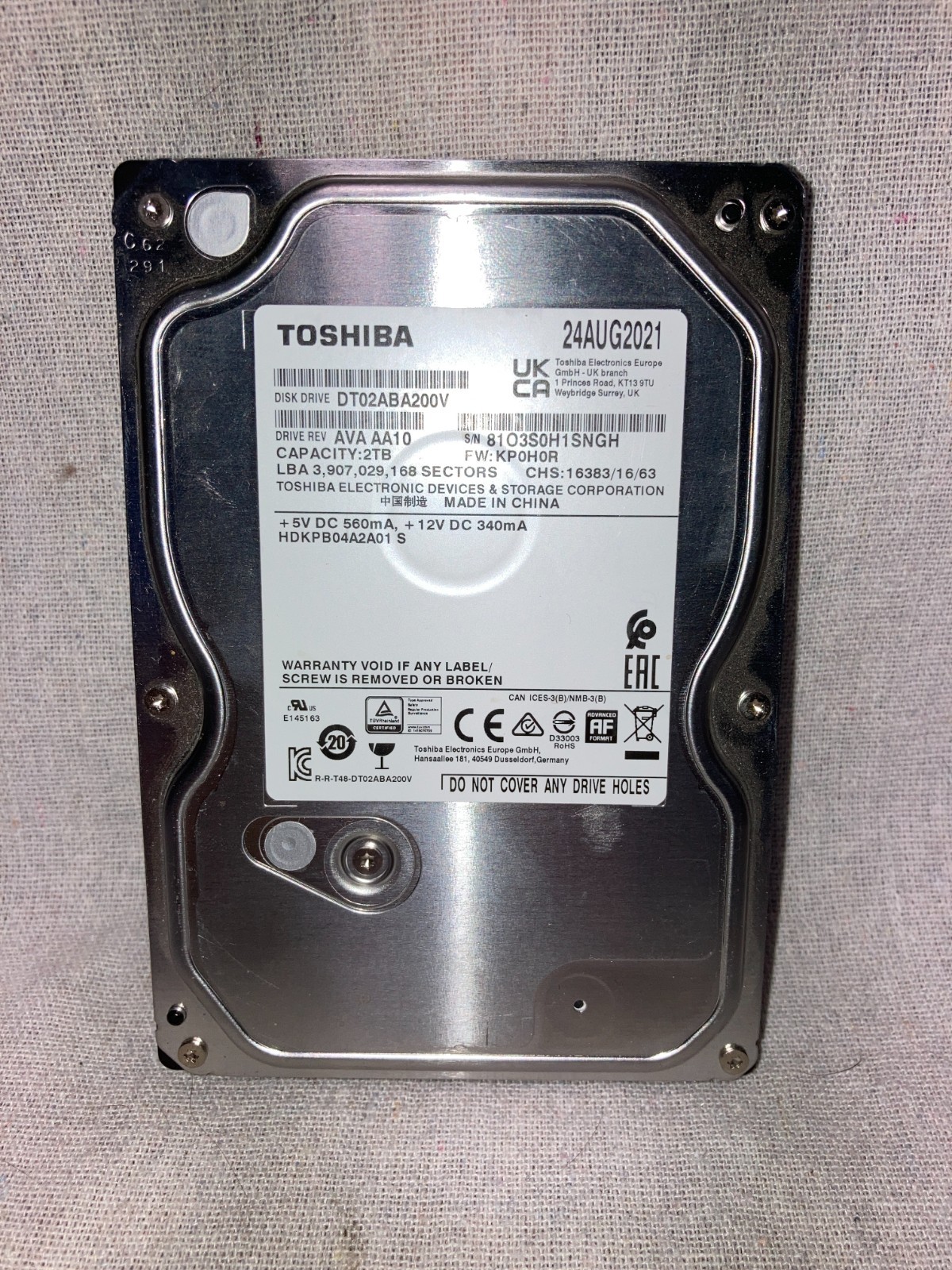 2TB  TOSHIBA  DT02ABA200V  AV command compatible Used 2025 Made 2DCS