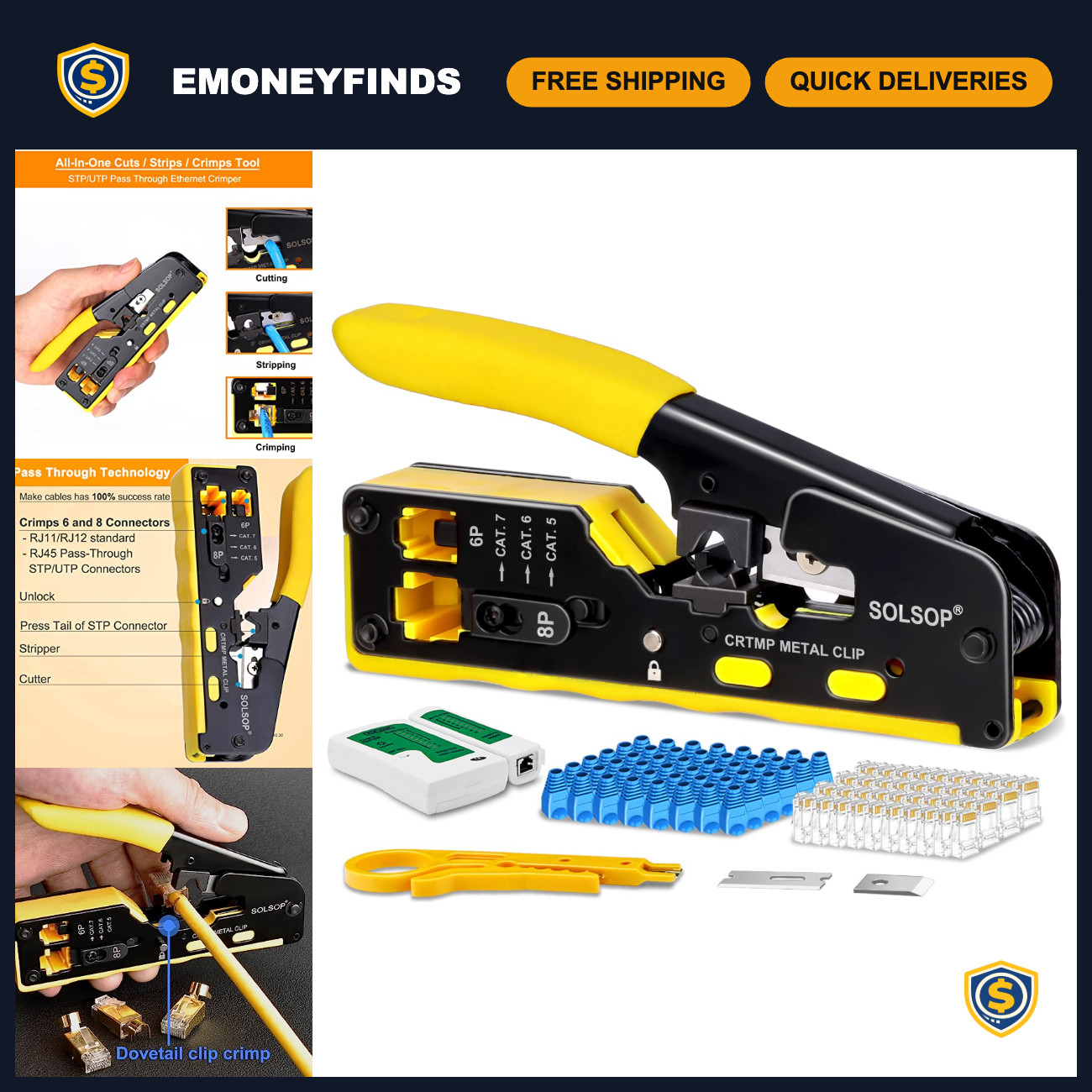 All-in-One Ethernet Crimping Tool Kit, Pass Through RJ45 Crimper, Network Cable