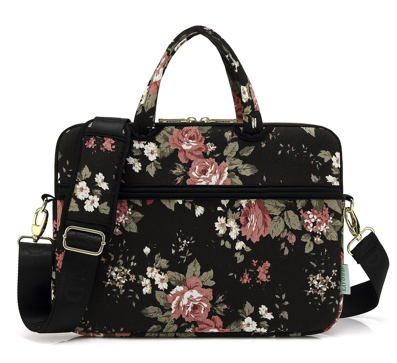 Black C Rose Pattern Water Resistant Laptop Shoulder Bag Fits 14/14.1 Inch