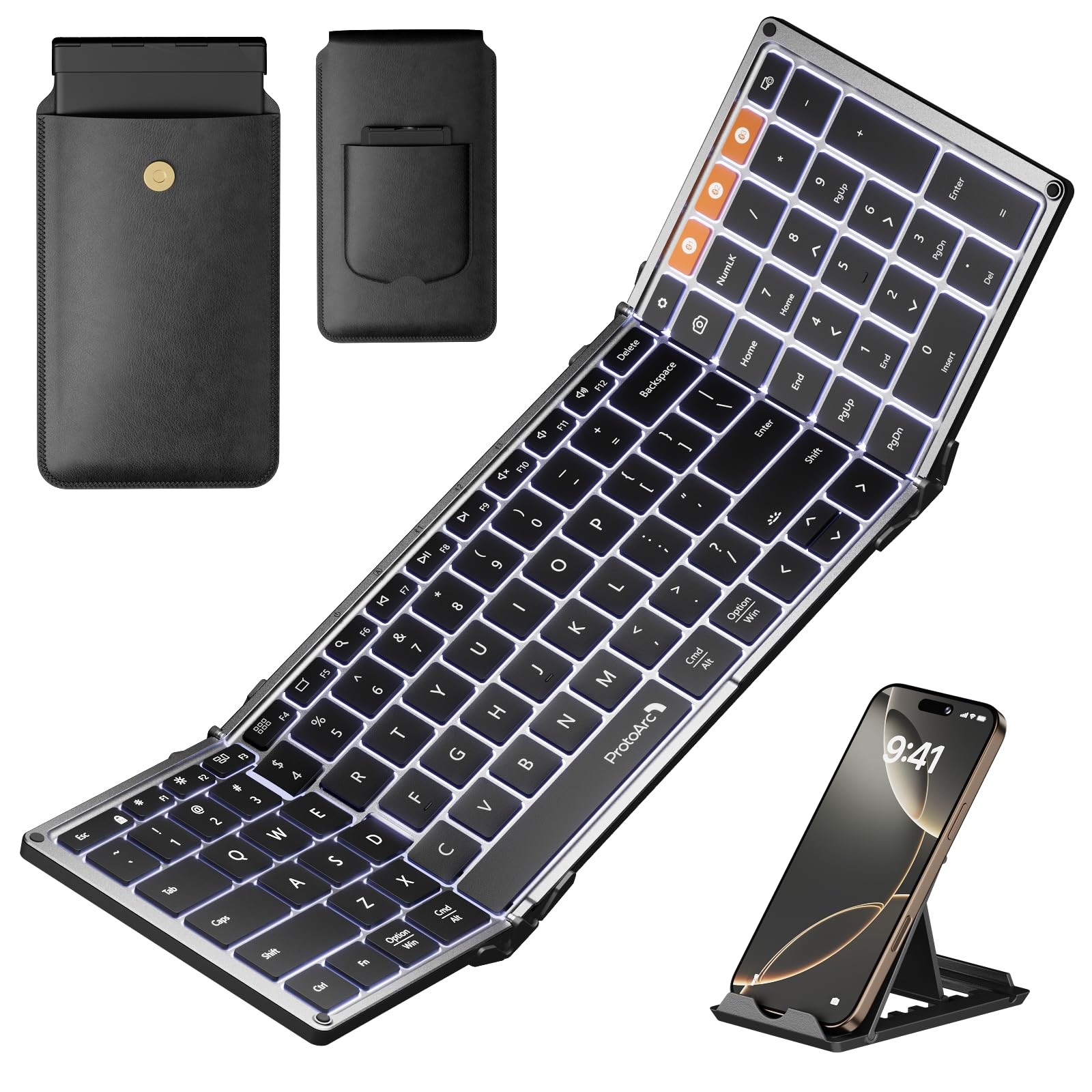 ProtoArc XK01 Plus Backlit Foldable Keyboard, 105-Key Full-Size, Gray