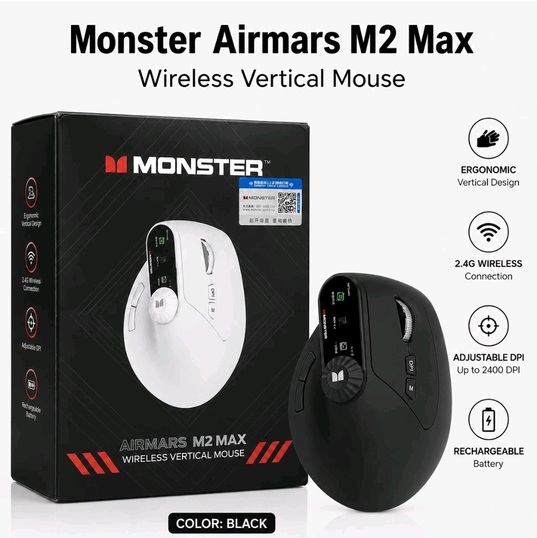 Monster Airmars M2 Max Mouse Wireless Vertical Mouse (Black)