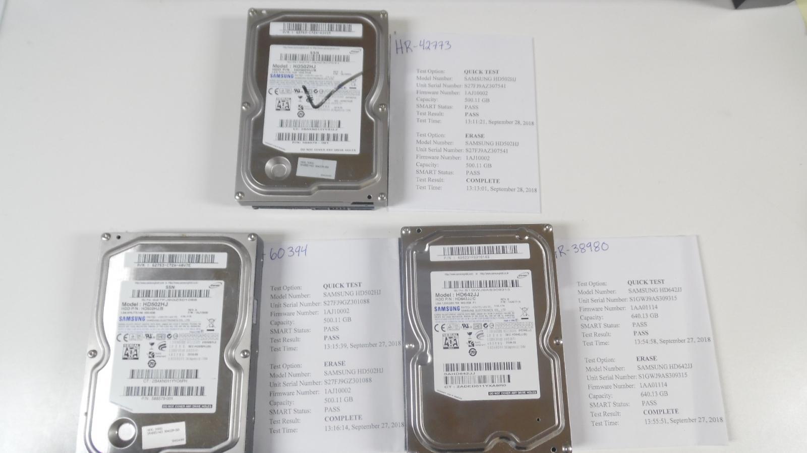 Lot of 3 SAMSUNG  2x 500GB 1X 640GB 3.5 sata hard drives 588579-001