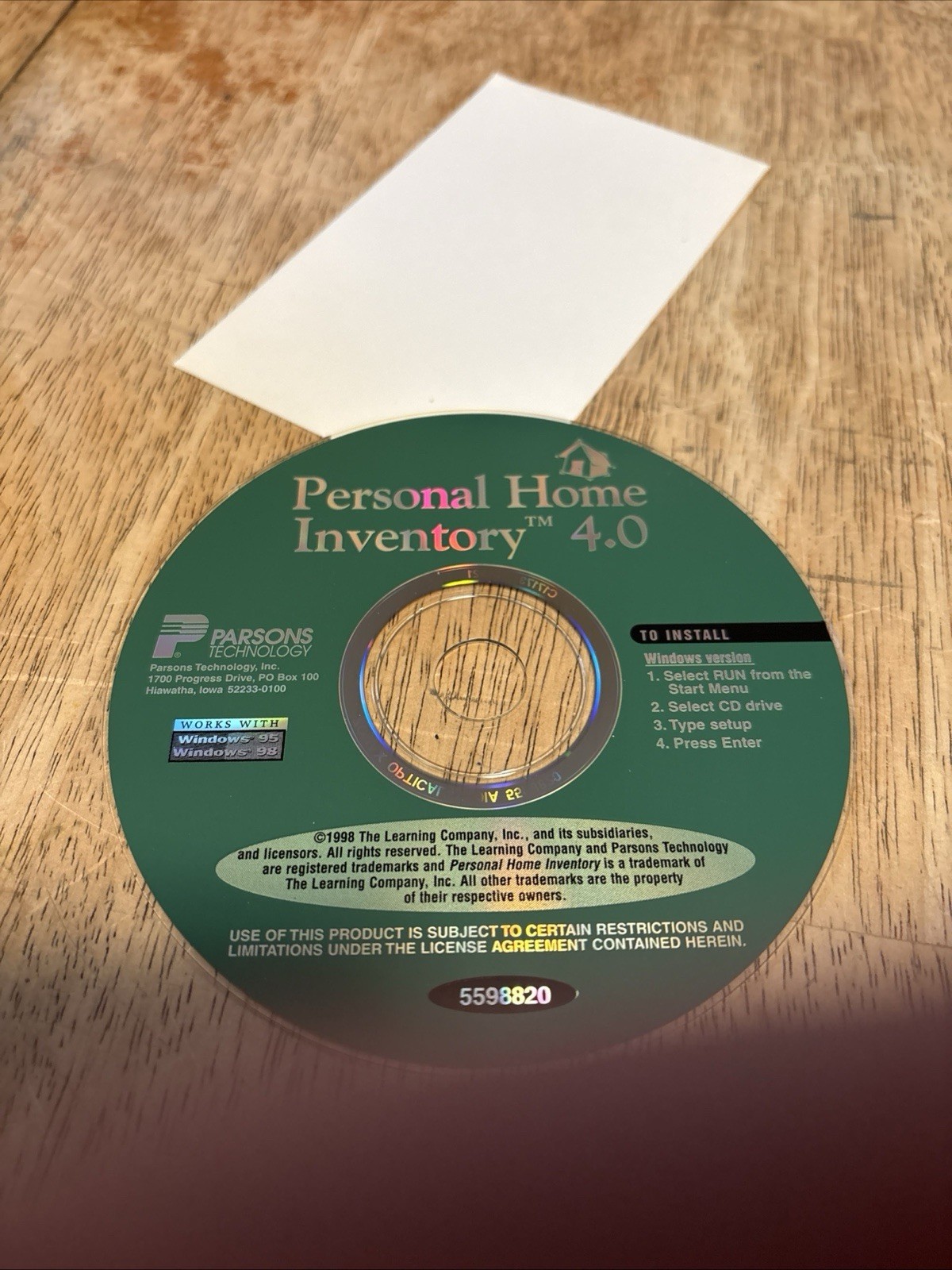 Parsons Technology Personal Home Inventory 4.0 Windows 95 98 Software Disc
