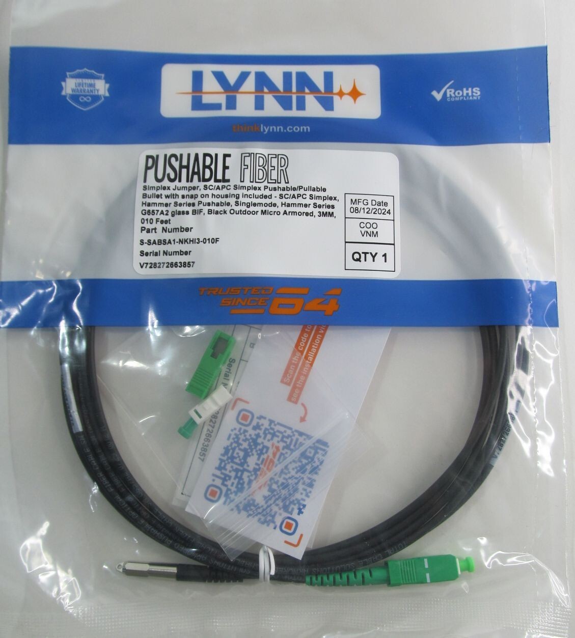 LYNN S-SABSA1-NKHI3-010F PUSHABLE BULLET FIBER CABLE SIMPLEX JUMPER SC/APC 10ft