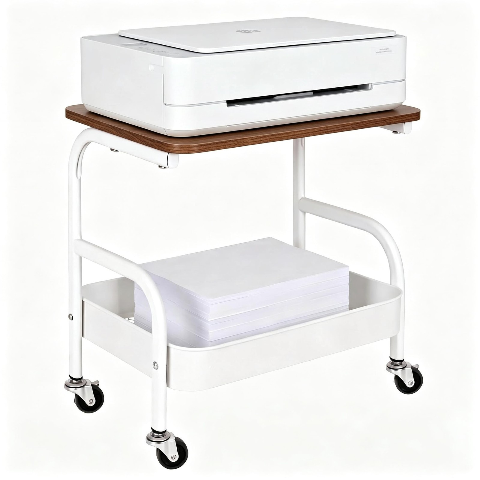 Under Desk Printer Stand Storage 2 Tier Rolling Cart Wheels Shelf Rack White
