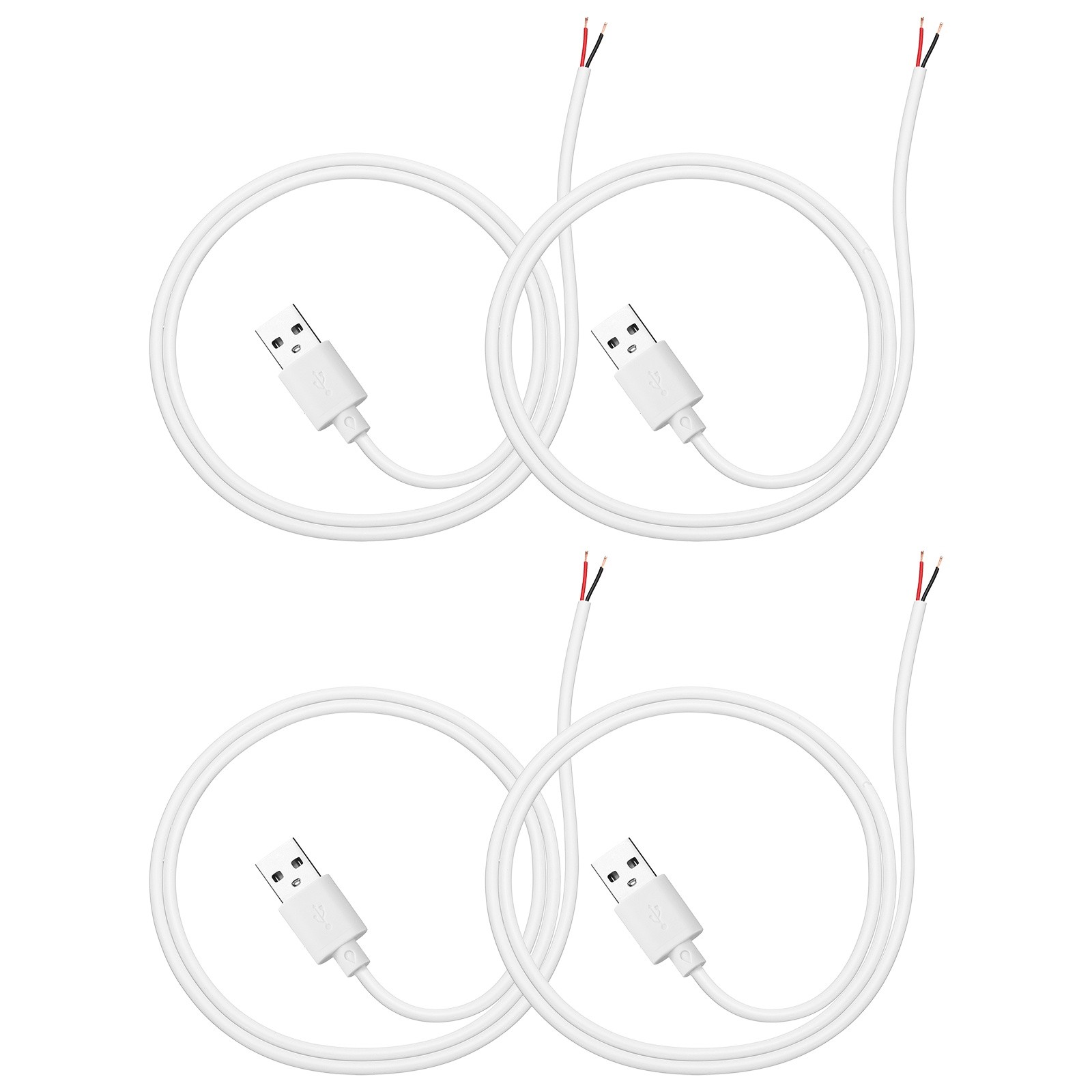 4Pcs 0.5m/1.64Ft USB Pigtail Cable, 5V 2.4A USB A to 2 Pin Bare Wires, White
