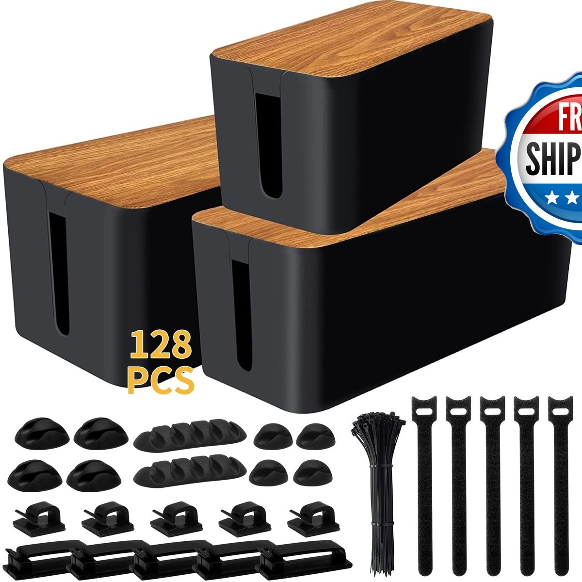 YUANYE 128PCS 3Pack Cable Management Box Kit for Power Strip Hide Wires Black