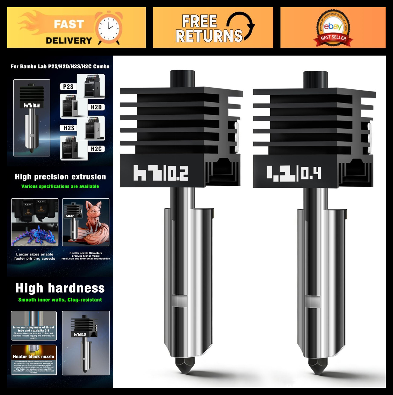 2Pcs All-Metal 3D Printer Hotend Kit, 500℃ Extruder Head, Hardened Steel Nozzle,