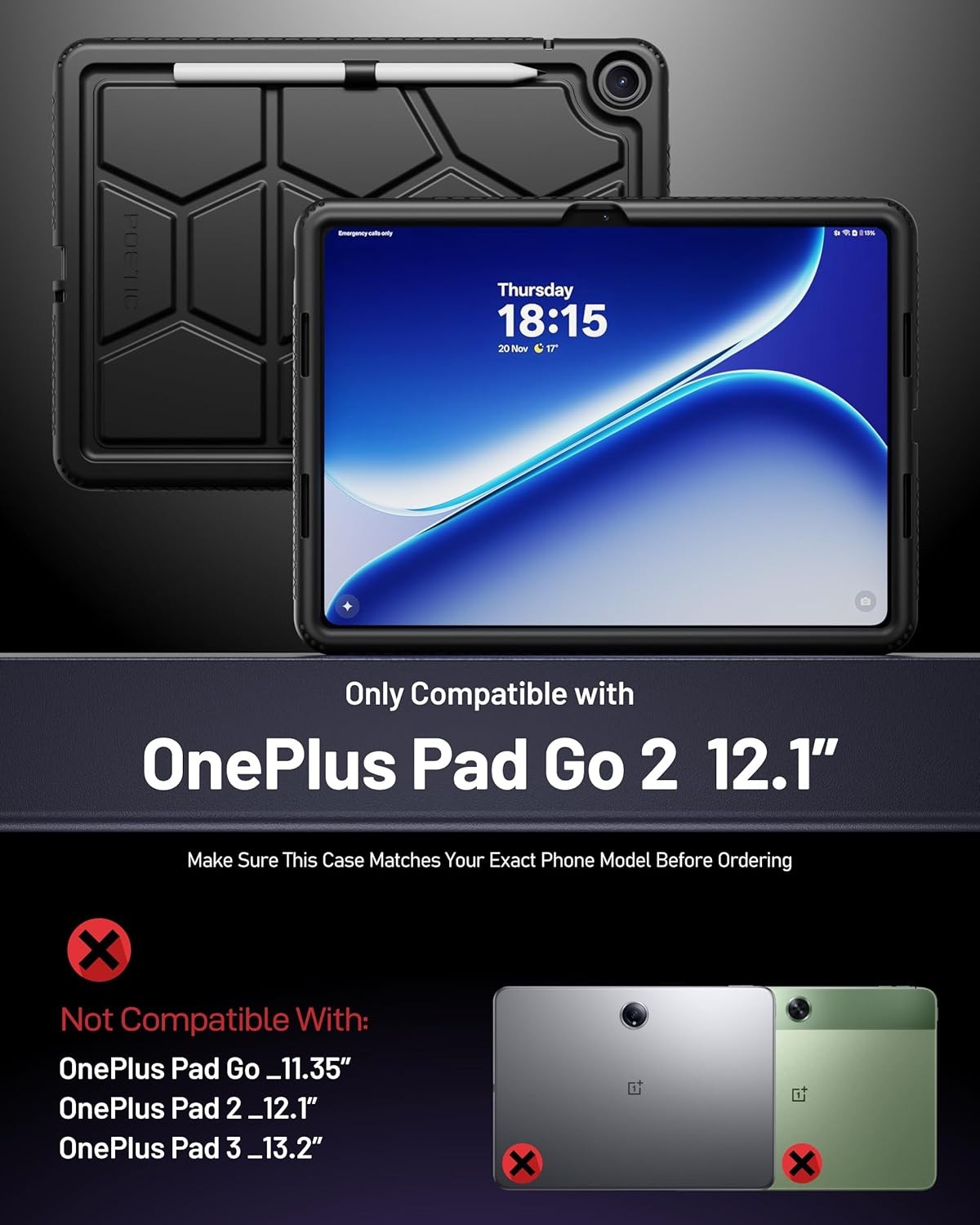 Poetic For OnePlus Pad Go 2 Case 2025 Kids Friendly Silicone Cover Black