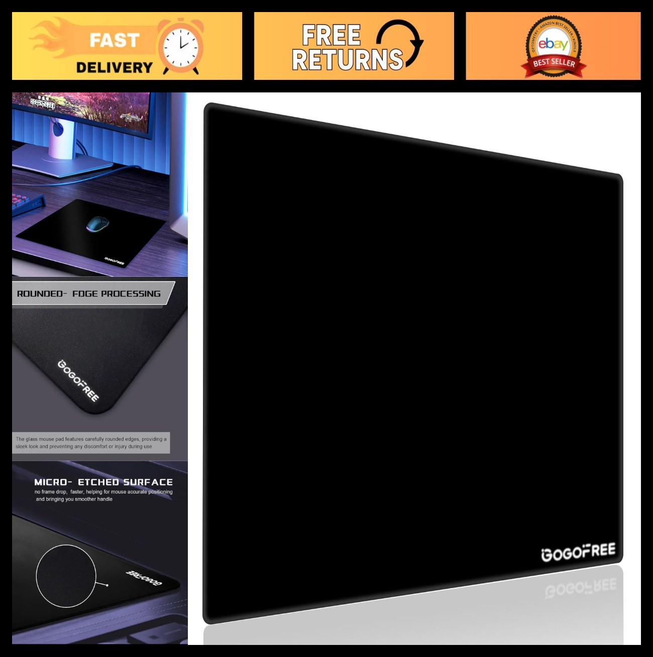 Large Black Glass Gaming Mouse Pad - Ultra Smooth Hard Surface, Precision Contro