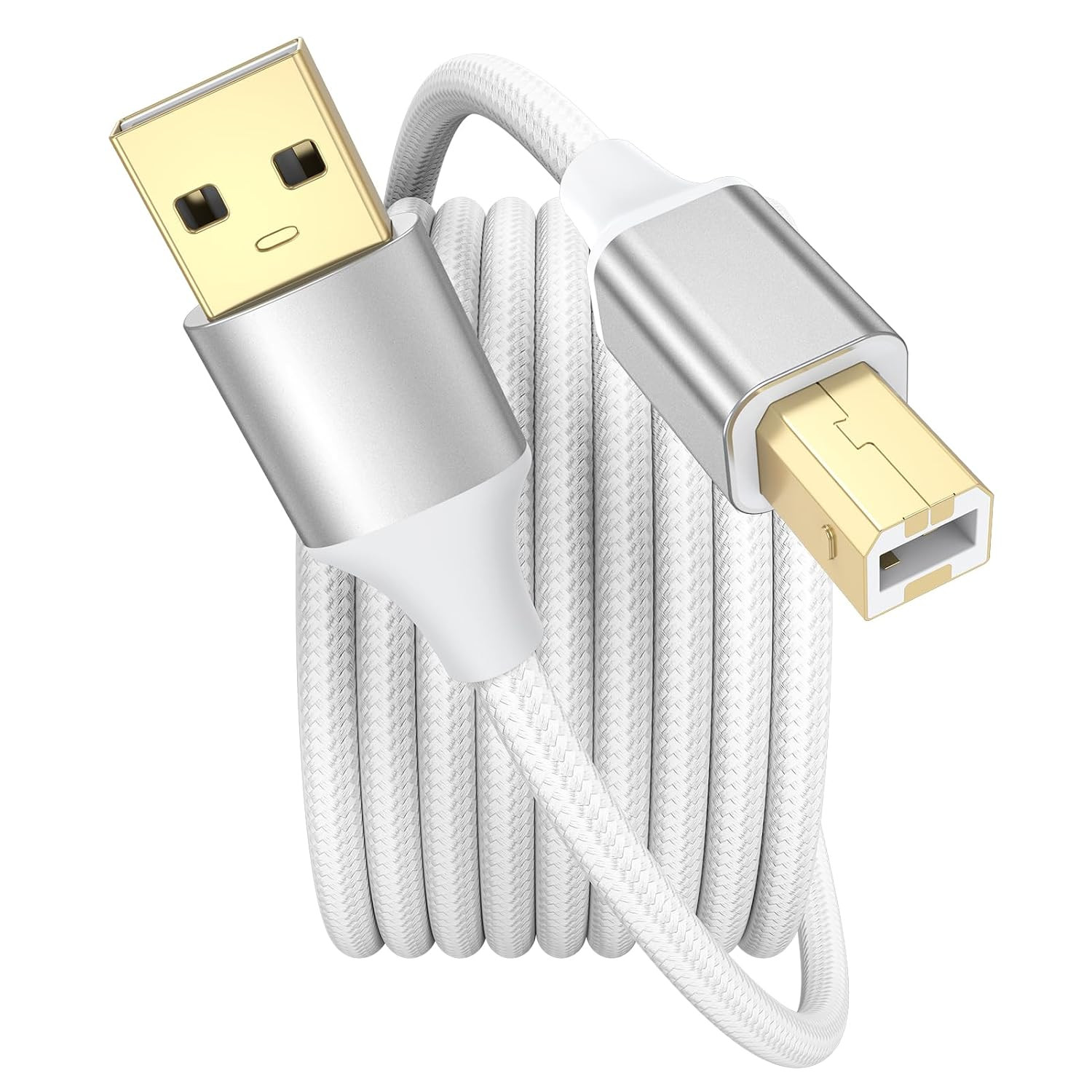 White Printer Cable, USB Printer Cable Nylon Braid 10 Feet