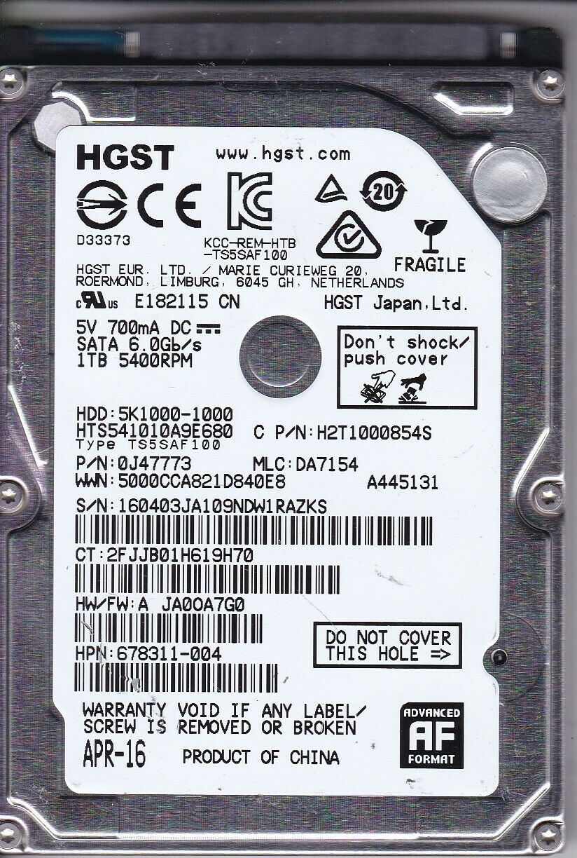 HGST/Hitachi HTS541010A9E680 mlc: DA7154 p/n: 0J47773 China 1TB SATA HDD B24-29