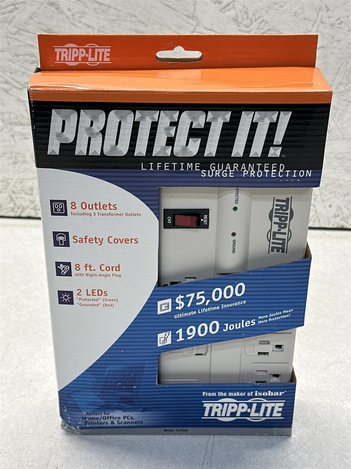 TRIPP-LITE TLP808 8-OUTLET SURGE PROTECTOR 1900 JOULES 8ft CORD WHITE-OPEN BOX