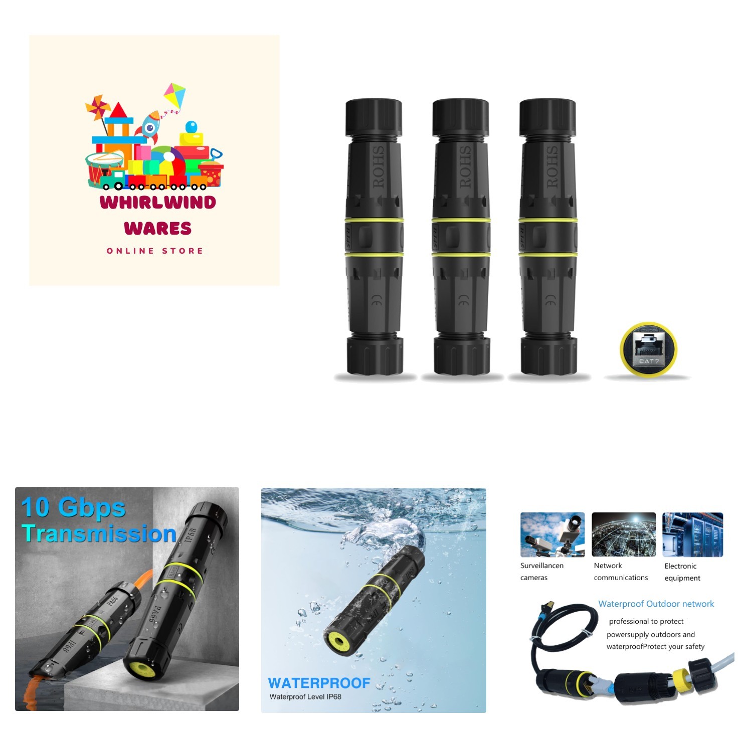 3-Pack  Waterproof Cat7 RJ45 Couplers - 10GB High-Speed Ethernet Connectors