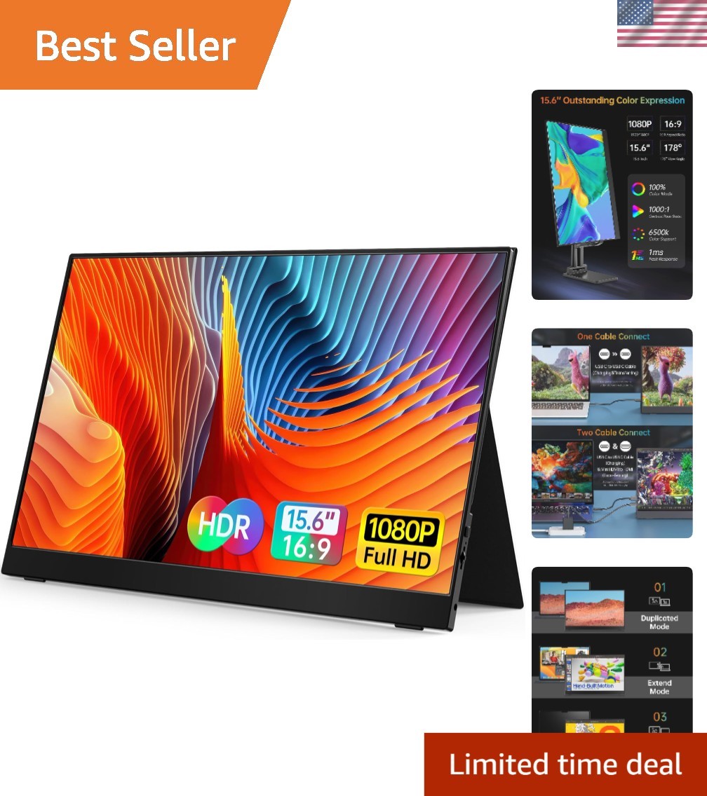 15.6'' FHD IPS Portable Display - Connect with USB-C/HDMI, Perfect for Gaming