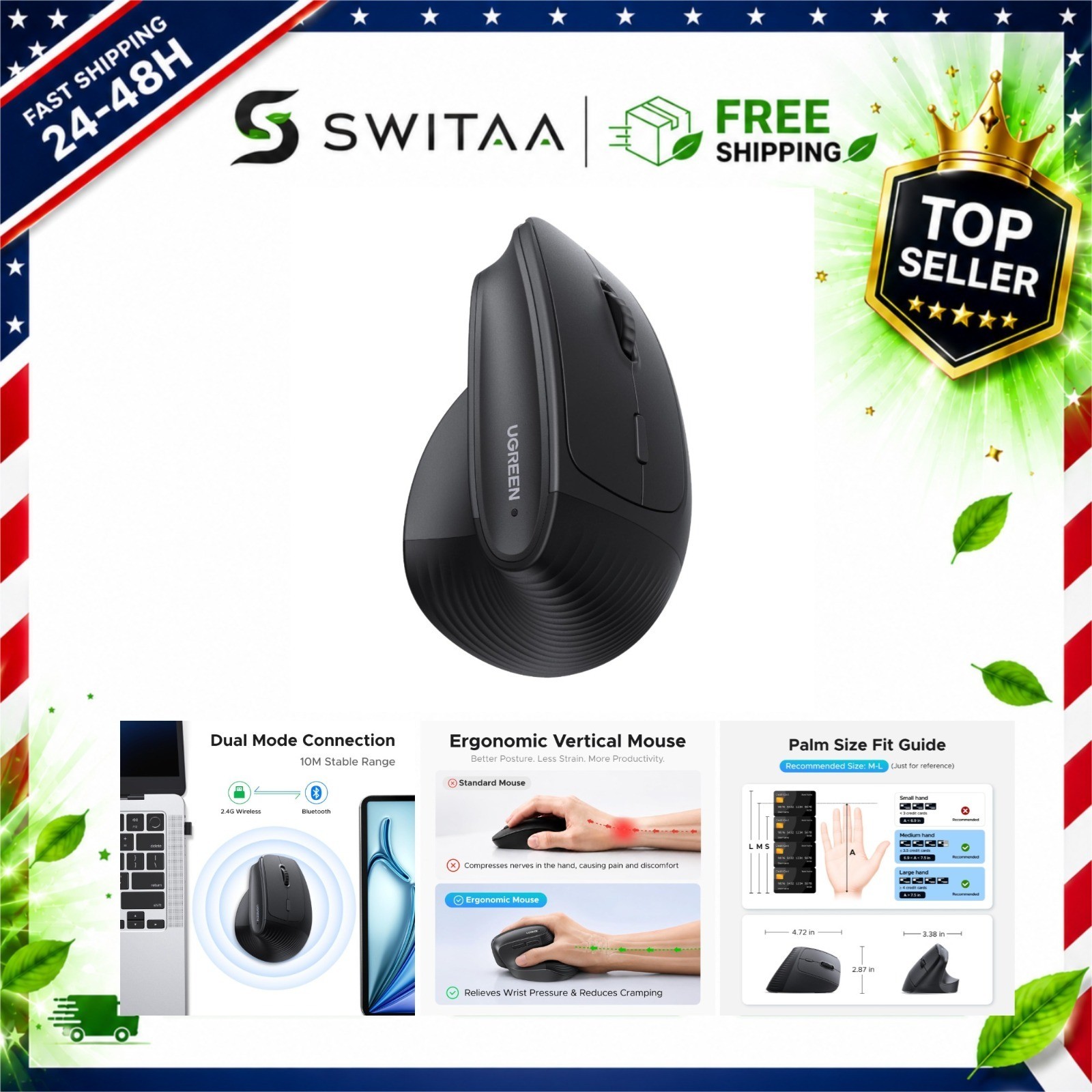 UGREEN Ergonomic Wireless Mouse, Bluetooth & 2.4G, Quiet Clicks, 4000 DPI