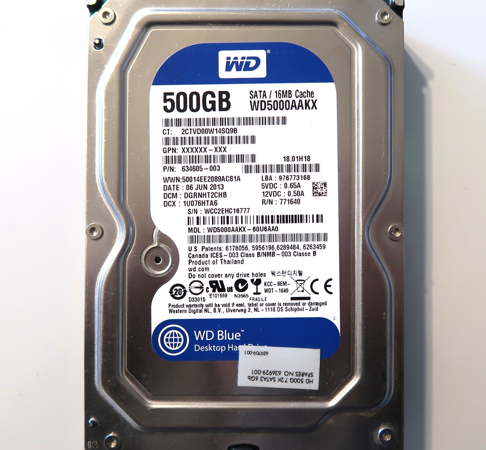 WD WD5000AAKX-60U6AA0 DGRNHT2CHB (WCC2) Thailand 500gb 3.5" Sata 06JUN2013