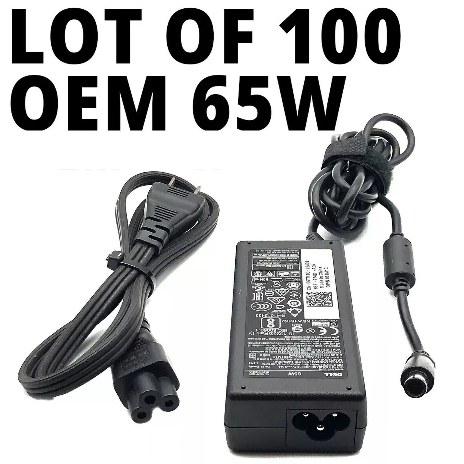 Lot of 100 DELL 65W AC Power Adapter 19.5V 3.34A Brick Style 7.4*5.0mm & Cords