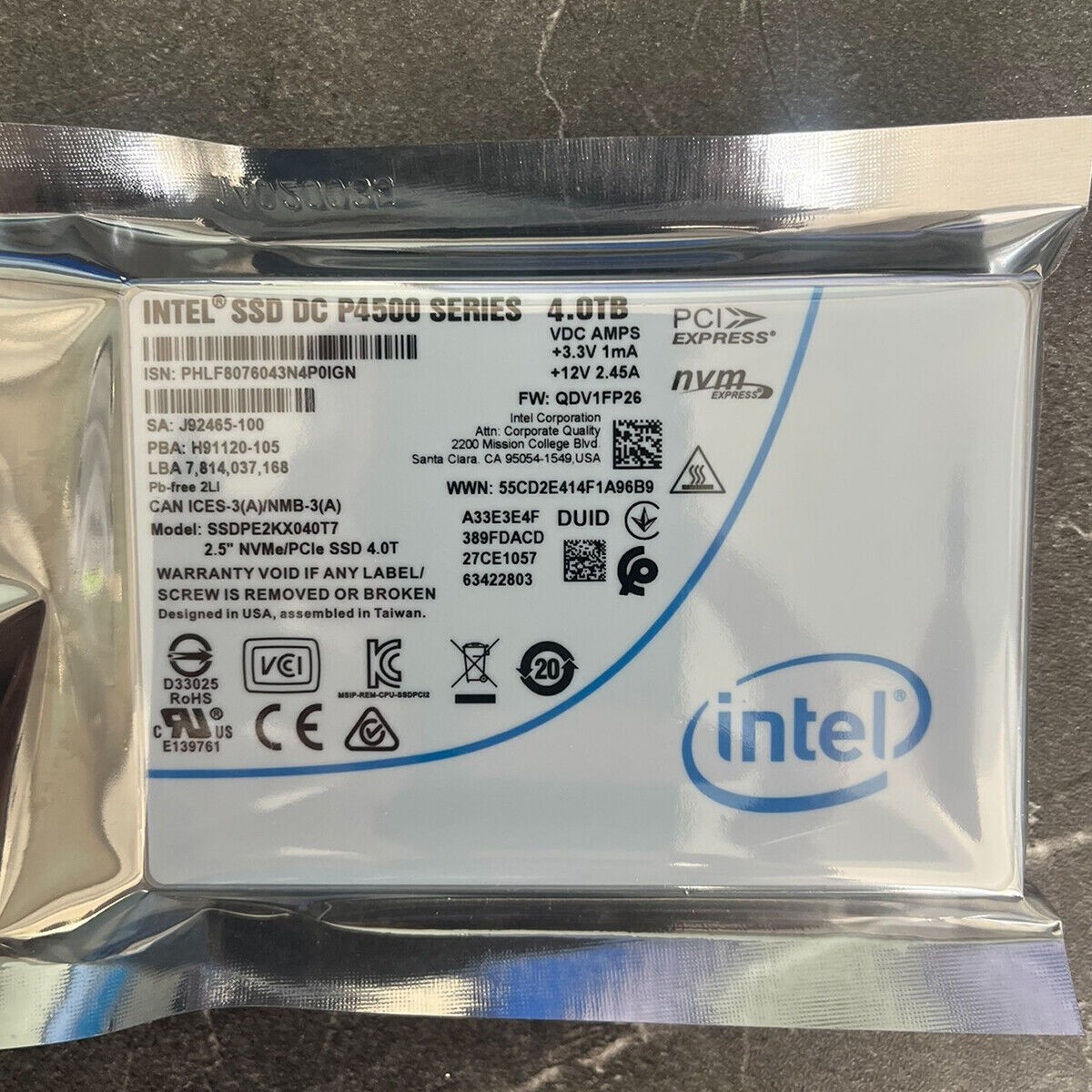 Intel P4500 4TB SSD 2.5" U.2 NVME PCIe Solid State Drive SSDPE2KX040T7T