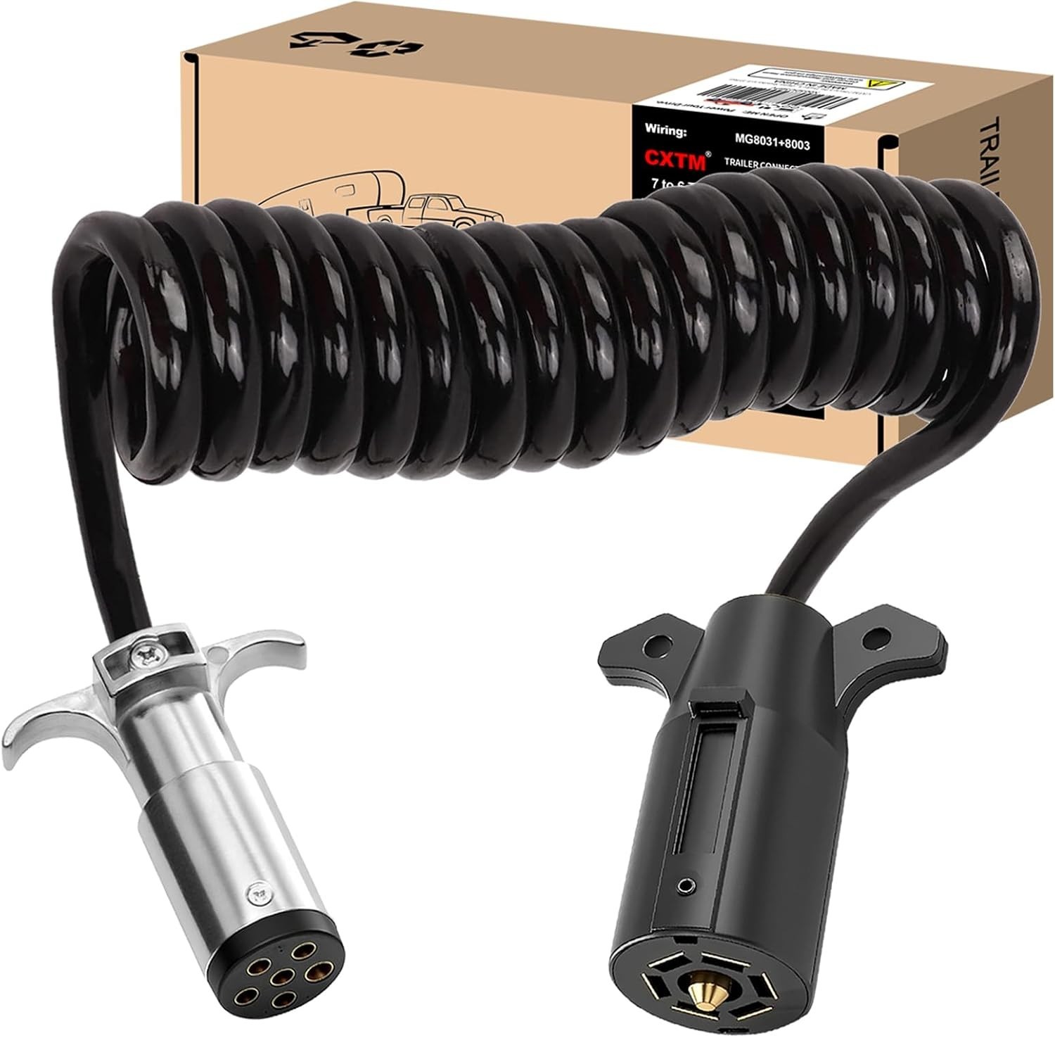 7 Pin to 6 Pin Trailer Adapter, Coiled Trailer Cord Stretches to 7-Wire 6 Feet