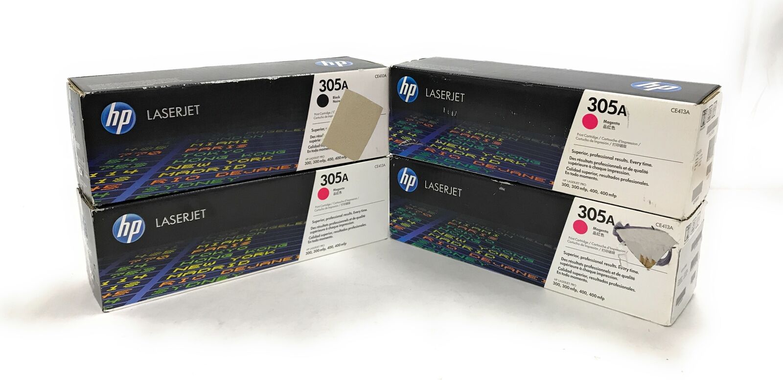 Lot of 4 NEW HP 305A Toner Cartridges CE410/413 3x Magenta 1x Black