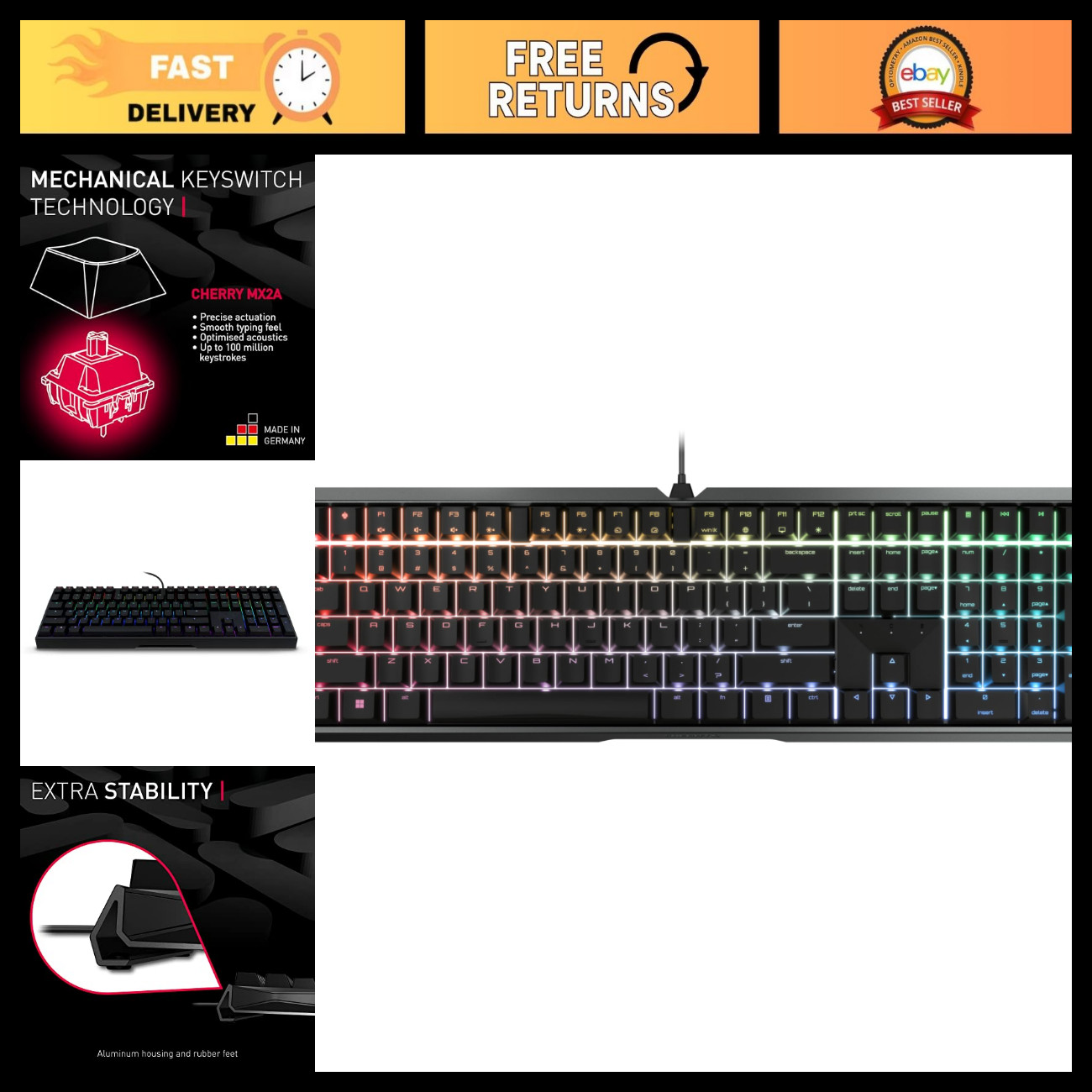 Wired Mechanical Gaming Keyboard - Cherry MX Silent RED Switches, RGB Backlit