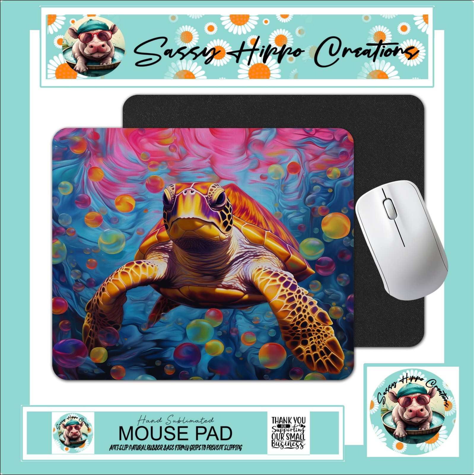 Mouse Pad Sea Turtle Pop Art Colorful Anti Slip Back Easy Clean Hand Sublimated