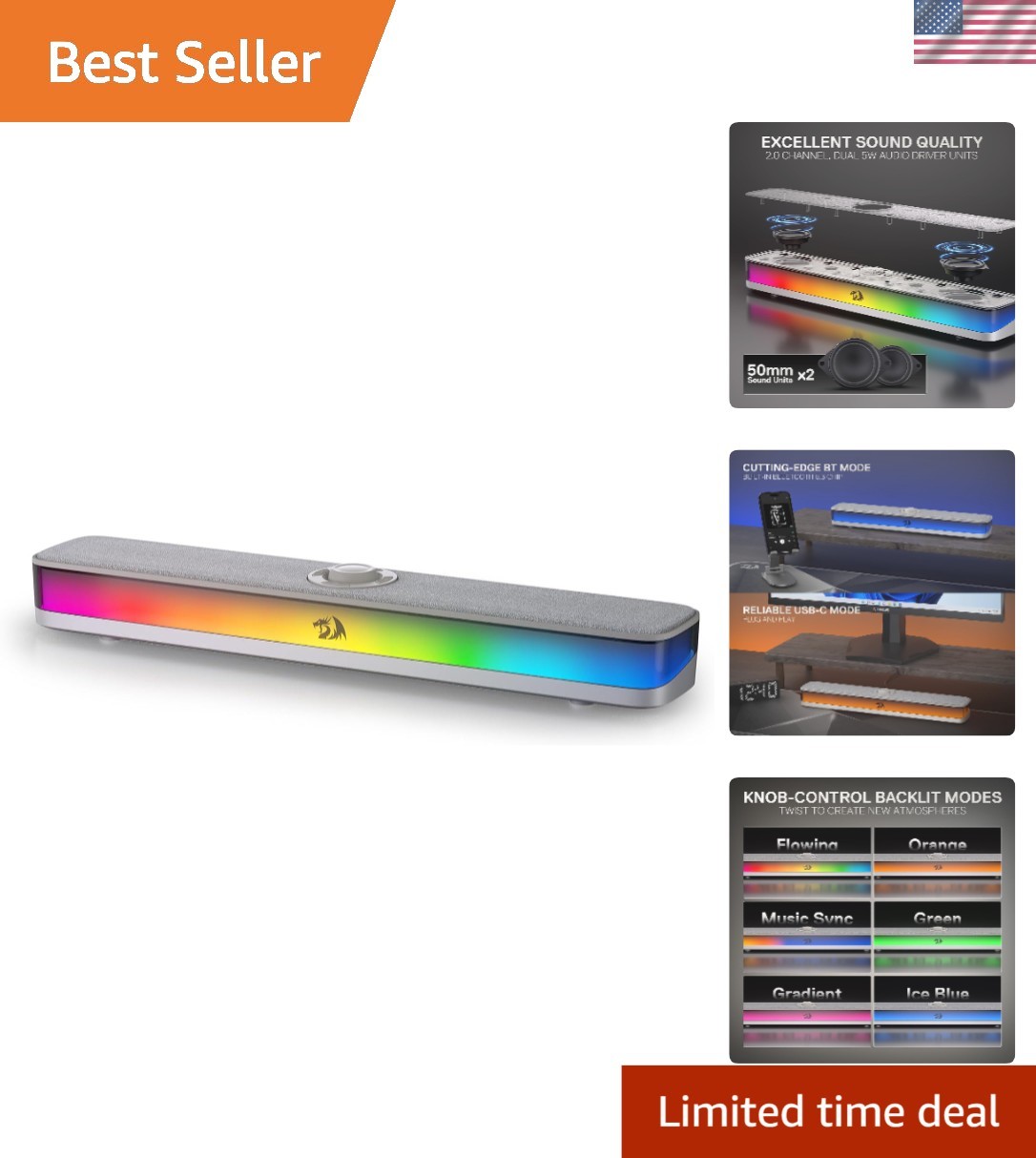 Immersive Audio with GS515 RGB Desktop Soundbar - Touch Control + Compact 44.7cm