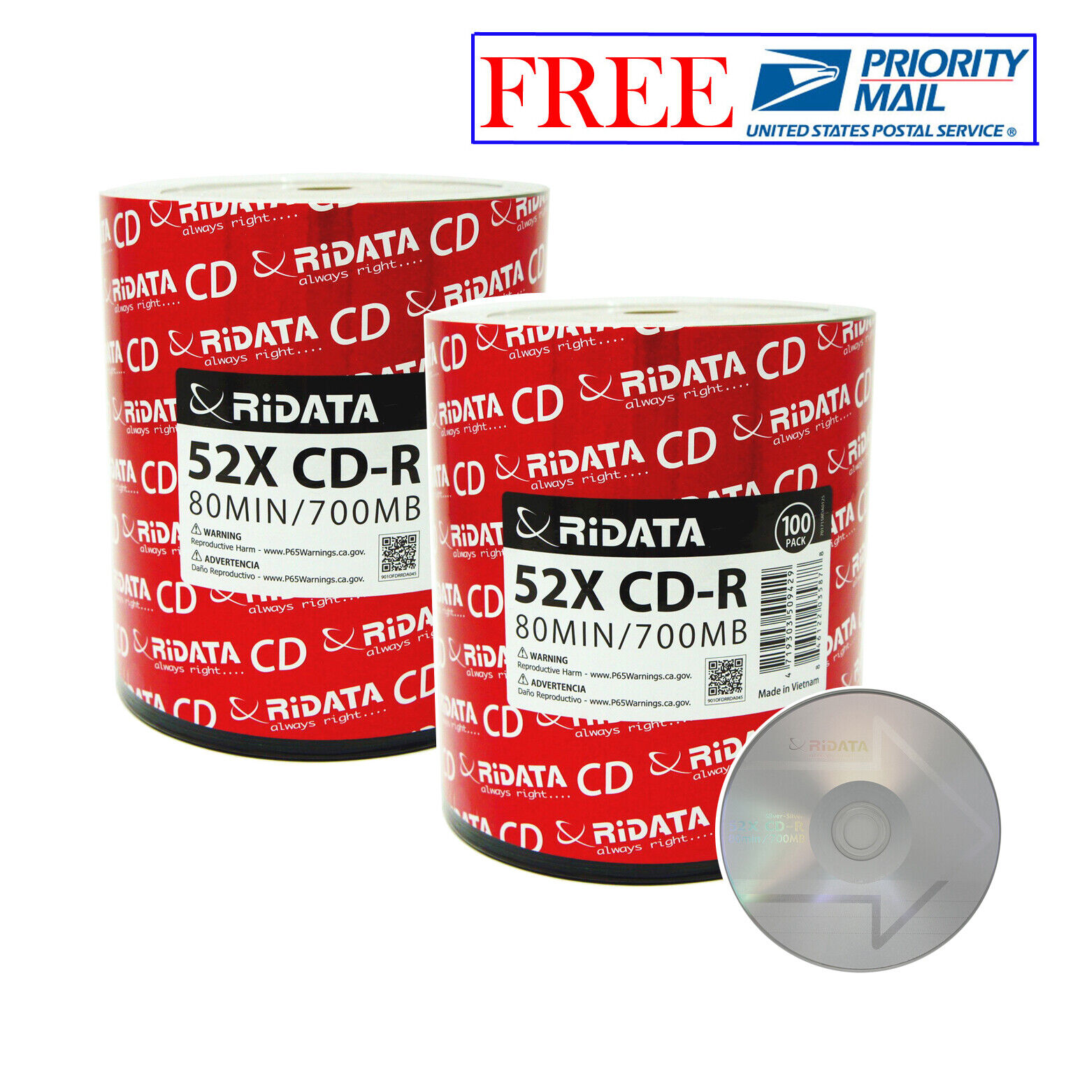 200 Pack Ridata CD-R 52X 700MB/80Min Branded Logo Blank Media Recordable Disc