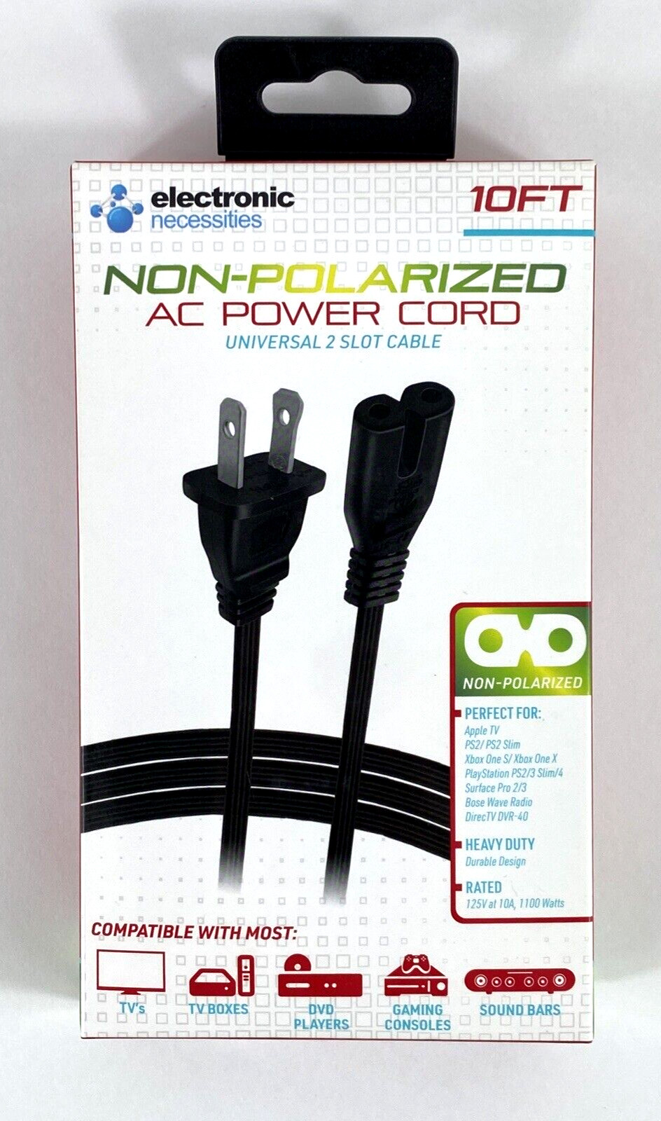 10ft NON- Polarized  AC Power Cord 2 Slot Cable  TV Laptops Soundbar Monitor New