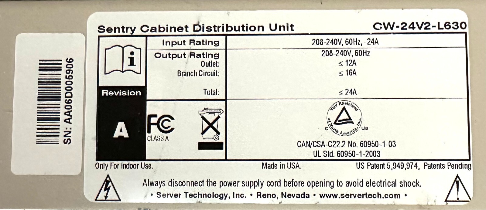 Server Technology Sentry CDU 24 Outlet Power Distribution Unit CW-24V2-L630 24 A