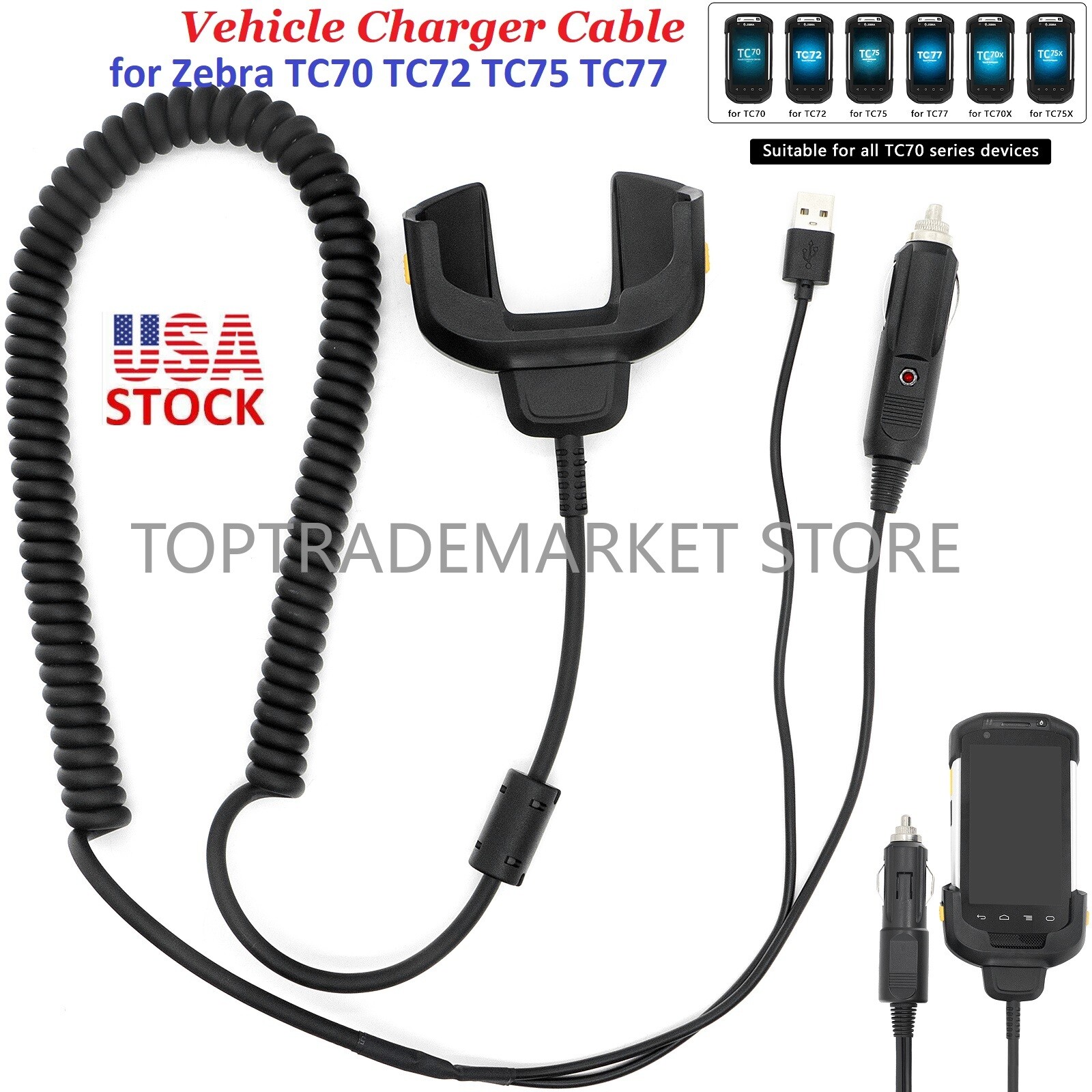 US Car Vehicle USB Charger Cable for Zebra TC70 TC72 TC75 TC77 CHG-TC7X-CLA1-01