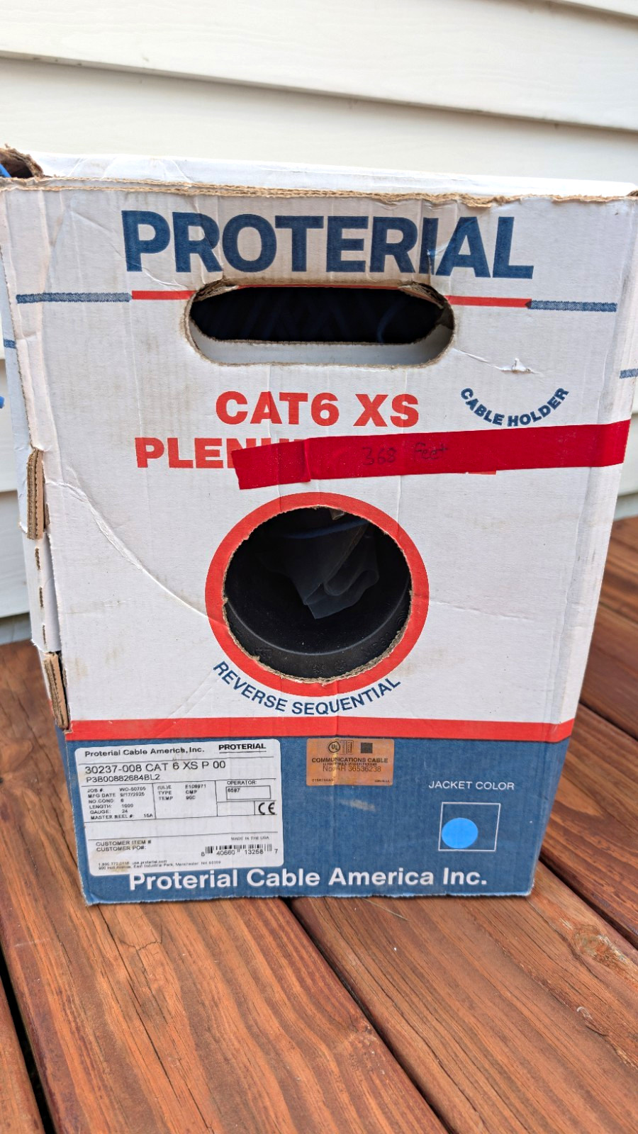 Proterial CAT6 XS Plenum Bulk Ethernet Cable 368 ft Blue Raw Ends