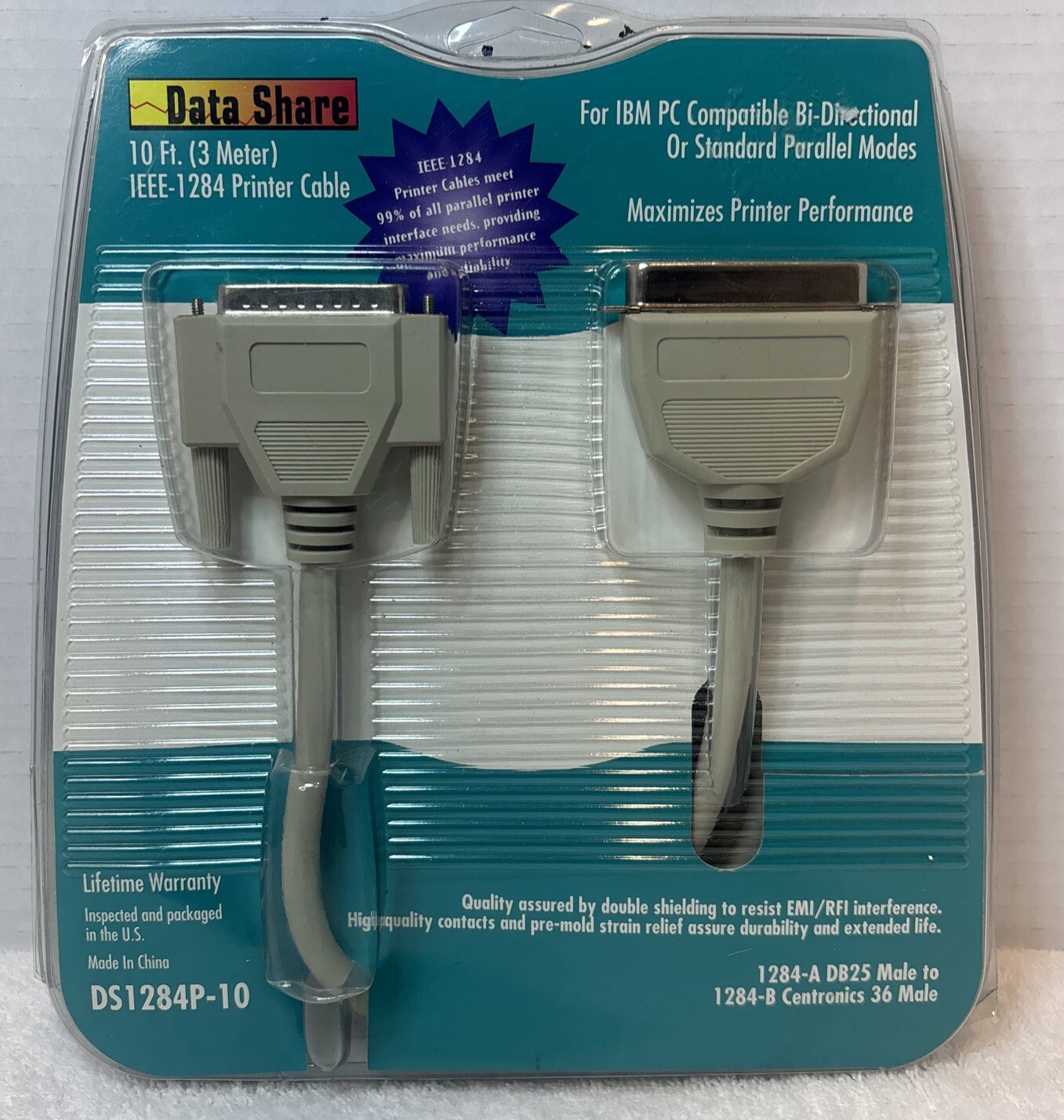 DATA SHARE 10 ' IEEE-1284 DB25 Bi-Directional Parallel Printer Data Cable Cord