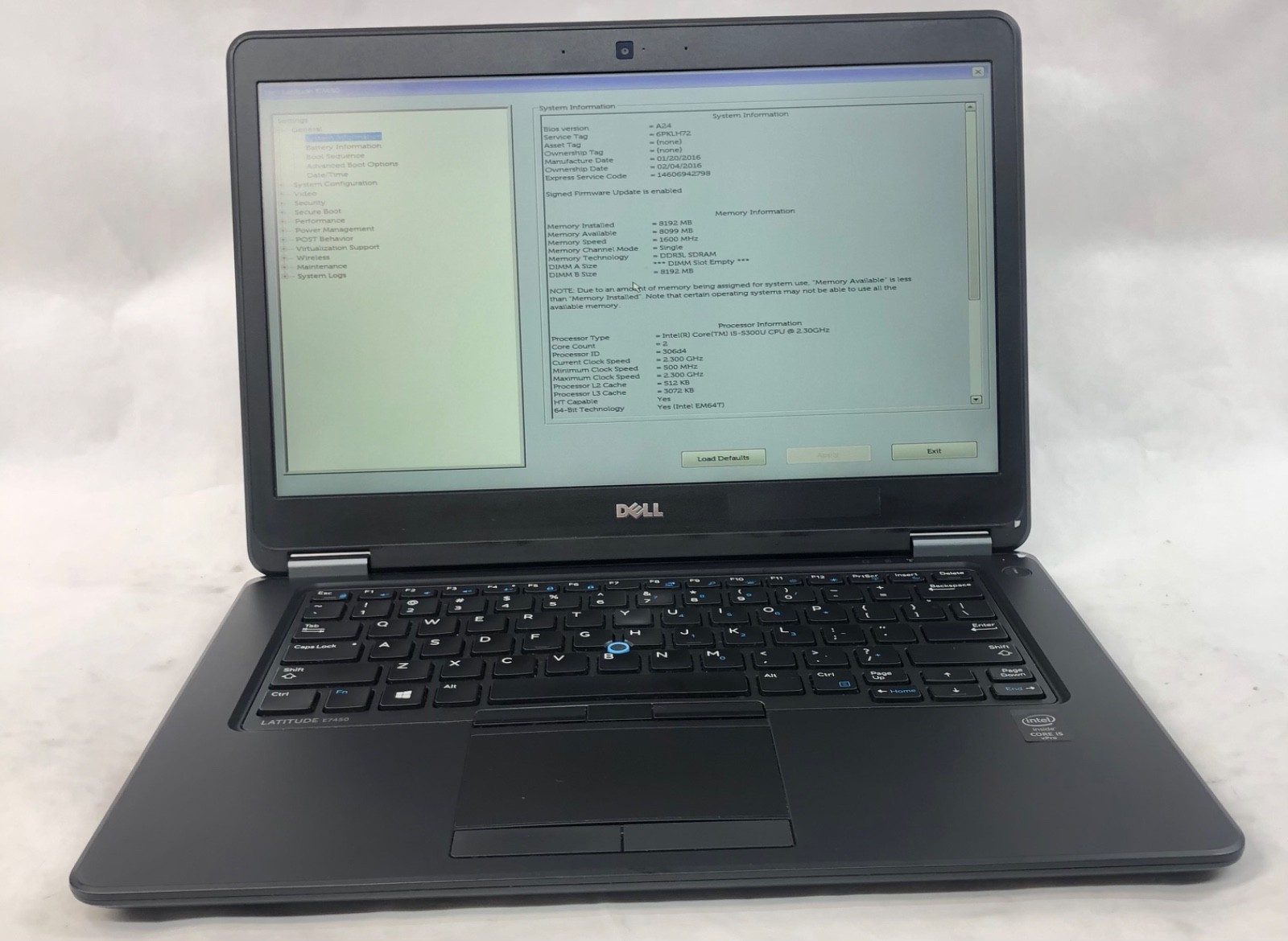 Dell Latitude E7450, Intel Core i5-5300U @2.30GHz, 8GB RAM, No SSD/HDD No OS