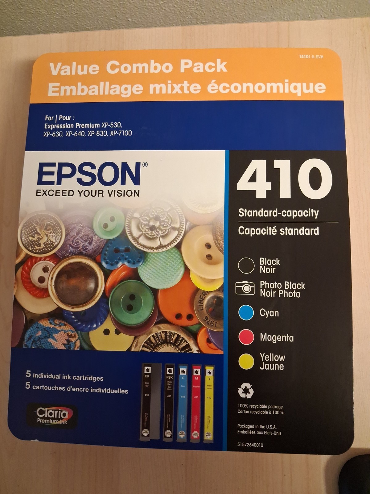 Epson 410 Black/Color BCMY 5 Pack Ink Cartridges T4101-5-SVH - EXP 05/2028