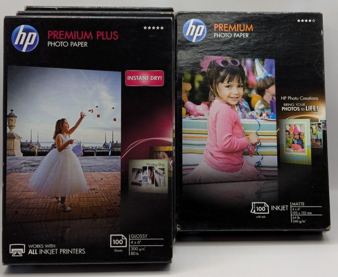 4 boxes of 100: 3 Boxes HP PREMIUM PLUS Glossy (K9) & 1 Box HP PREMIUM Matte 4x6