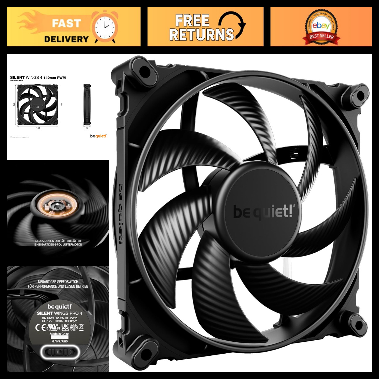 140mm PWM FDB Gaming PC Case Fan - Silent, High-Performance, Black Cooling Fan