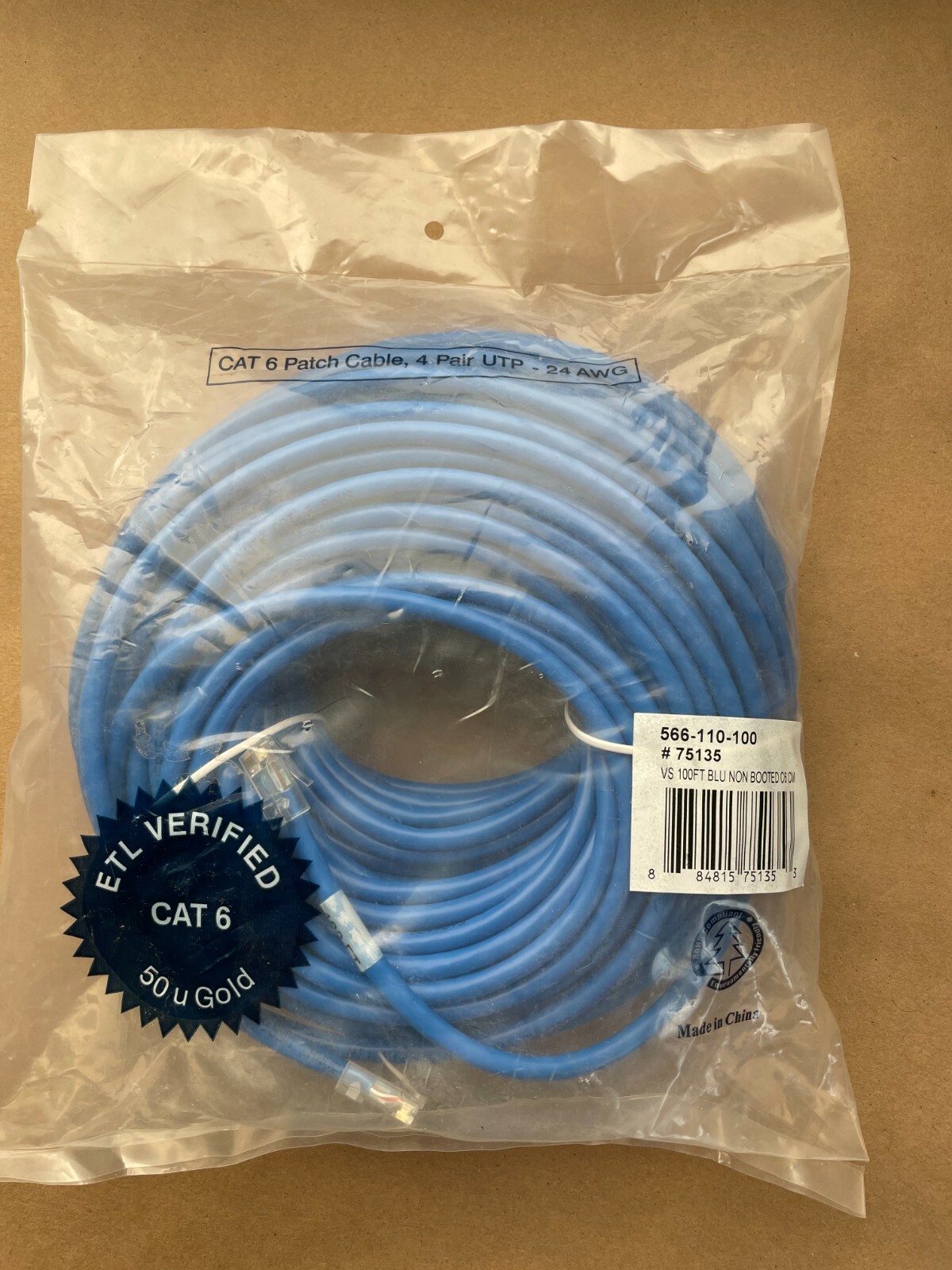 LOT OF 6 QUIKTRON VS Category 6 Non-Booted Patch Cord, 100 ft., Blue 566-110-100