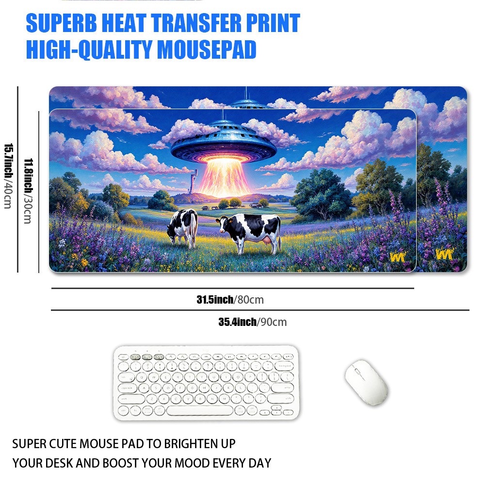 1pc XXL Extra Large Alien UFO Cow Countryside Oil Painting Style Mouse Pad, Sc