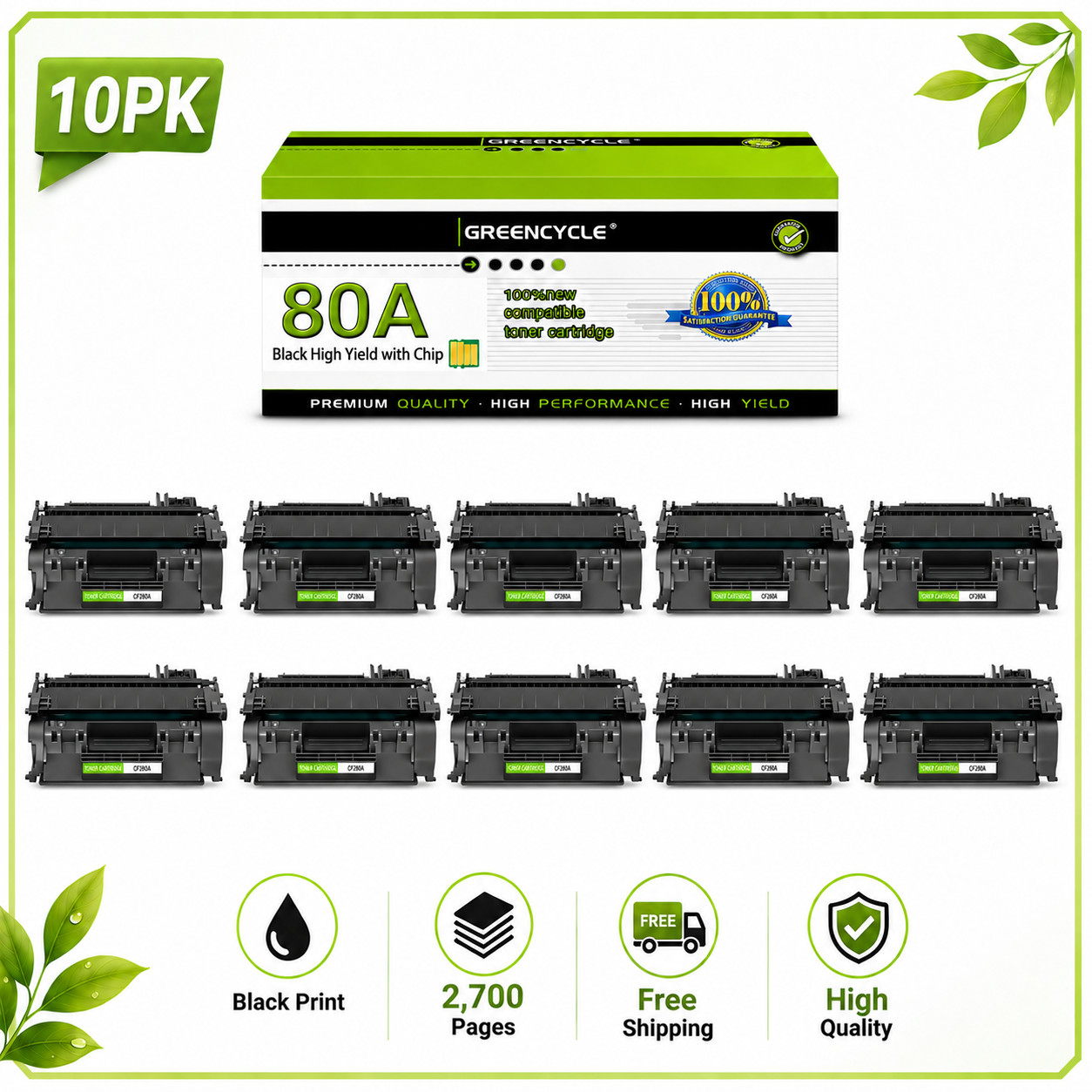 10 Pack Black 80A Toner HP CF280A for LaserJet Pro 400 M401n M401dn