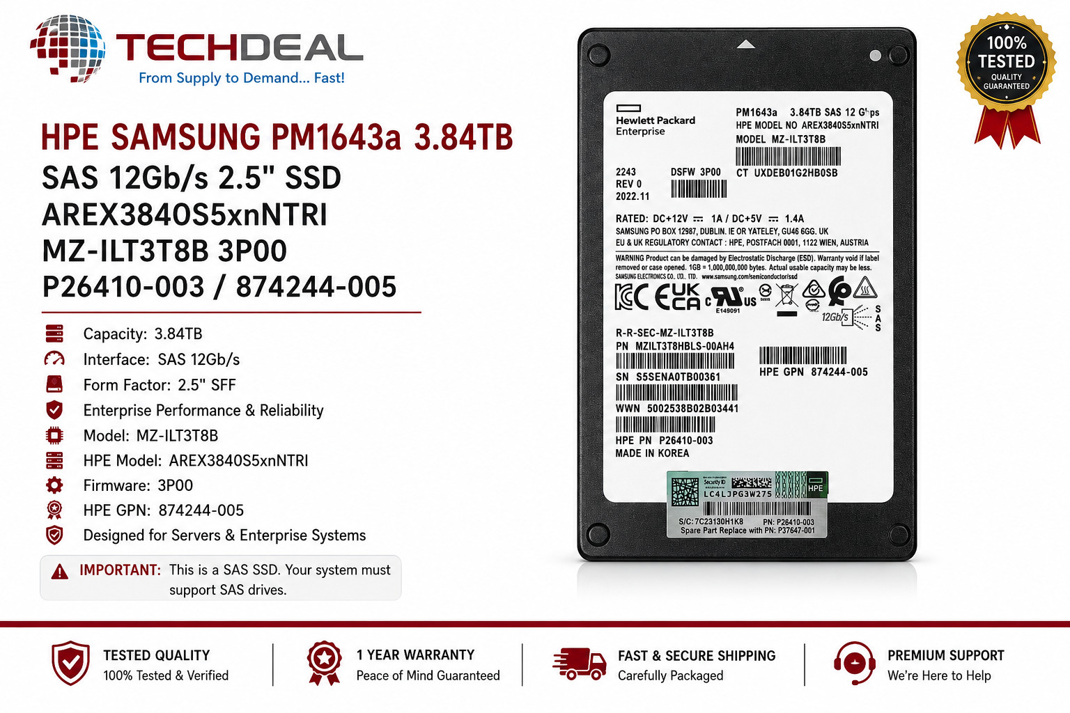 HPE Samsung PM1643a 3.84TB SAS 12Gb/s 2.5" SSD MZ-ILT3T8B P26410-003 520e